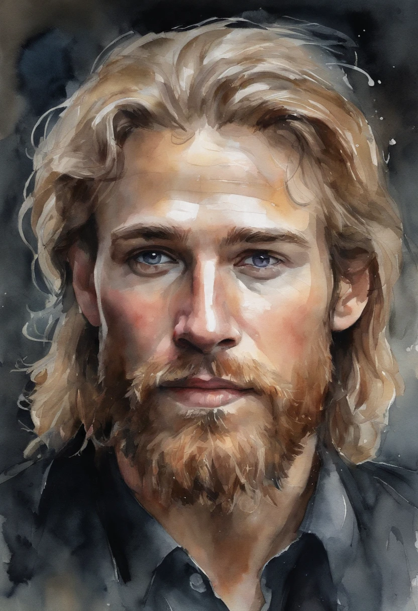 Pale skin and haggard face. Jesus,Messy blonde hair and short beard. Wear a black suit and black shirt, Almond orbititis. A sense of power and authority. Sturdy exterior. Young man. Layered eyes