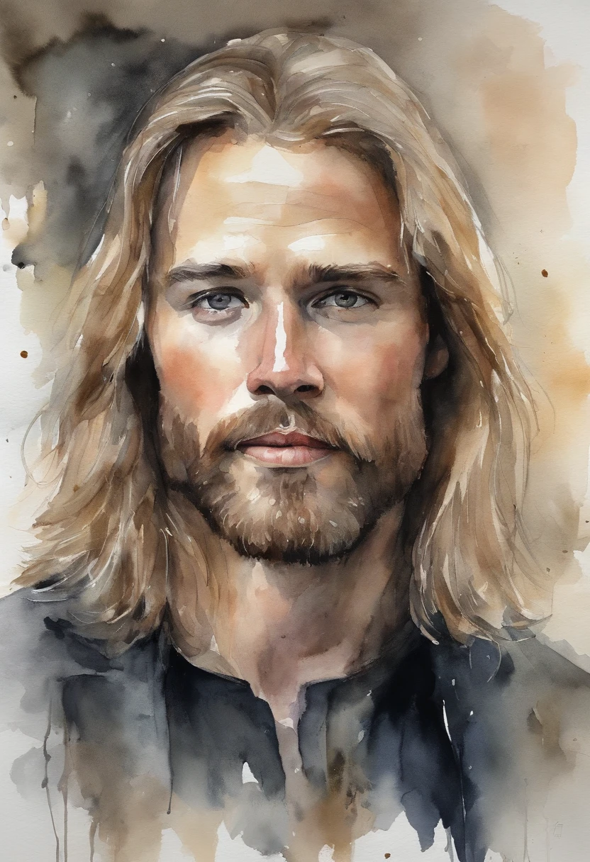 Pale skin and haggard face. Jesus,Messy blonde hair and short beard. Wear a black suit and black shirt, Almond orbititis. A sense of power and authority. Sturdy exterior. Young man. Layered eyes
