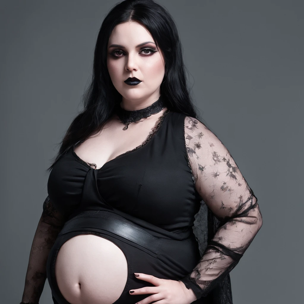 A goth girl in goth clothes with a big expanded belly bare round and full expanded to the extreme huge and round bloated to the extreme about to pop enormous belly smooth round single navel no rolls round pregnant belly