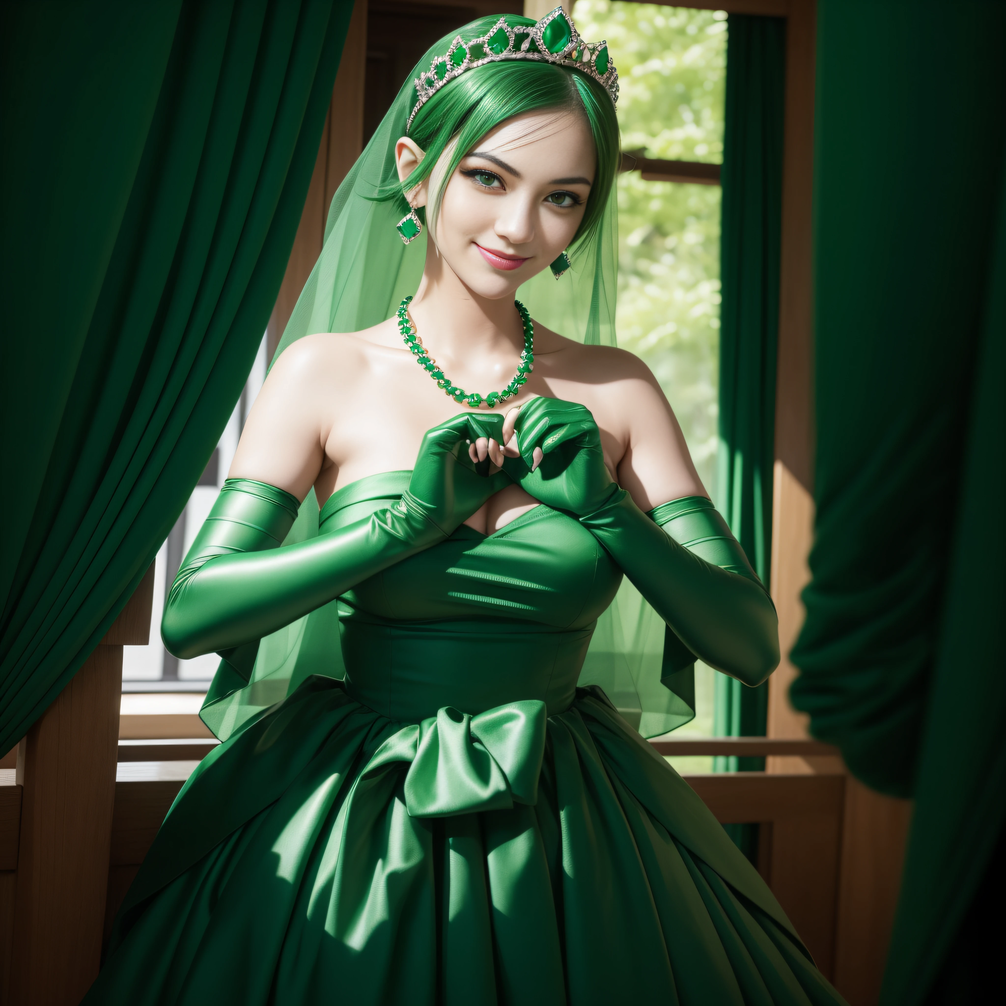 emerald tiara, Green Pearl Necklace, Boyish very short green hair, lipsticks, Japan woman smiling, very short short hair,  big breasts beautiful, Green eyes, Long green gloves made of satin material, Green eyes, Emerald Earrings, green vale, Heart with both hands