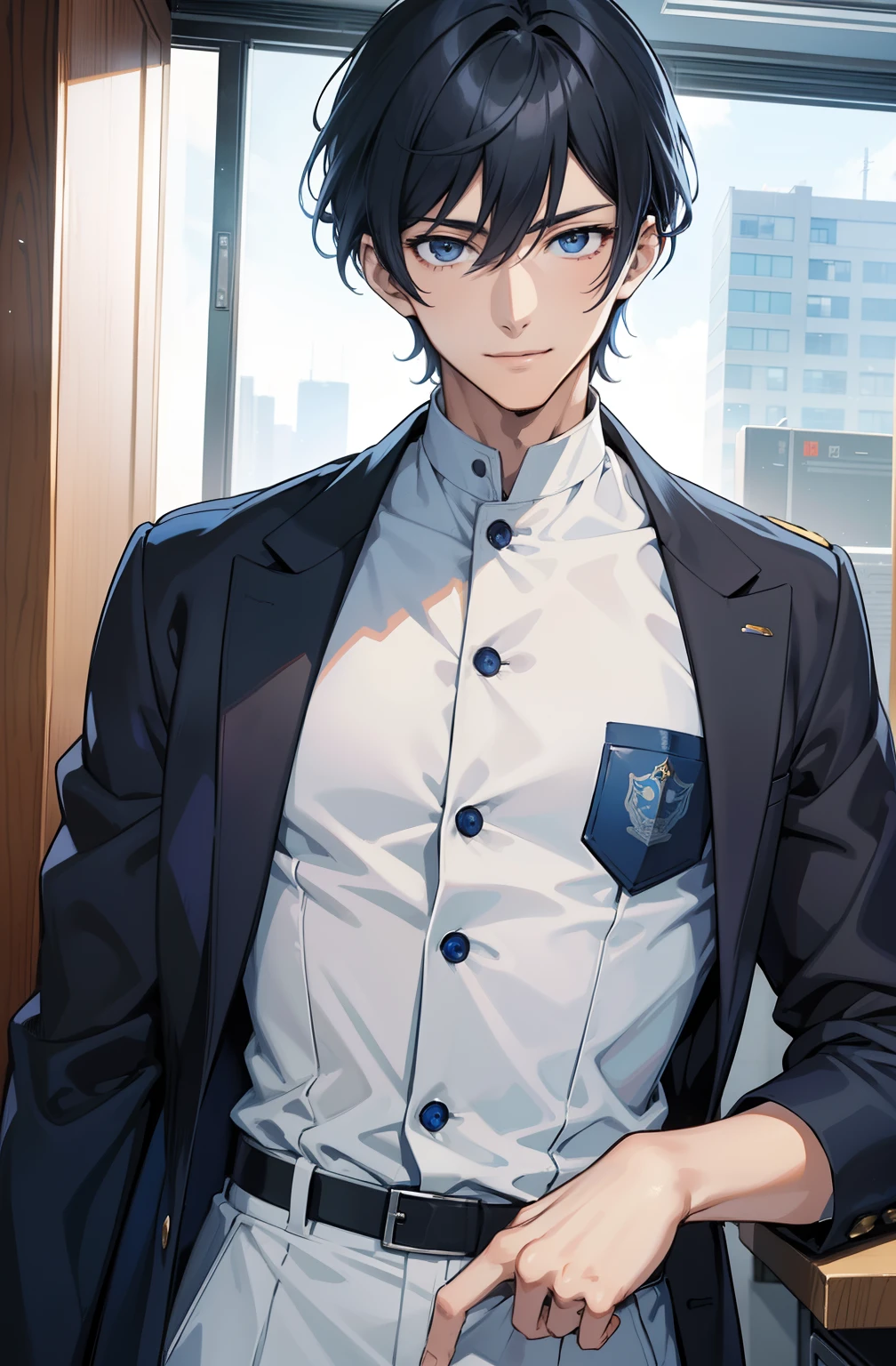 High quality, Masterpiece, 25-year-old anime manga manga,Handsome and tall, Wearing a dark blue police uniform,White color blouse,Black suit pants, A smiling expression, Standing in the office of the police station, Close-up of the bust.