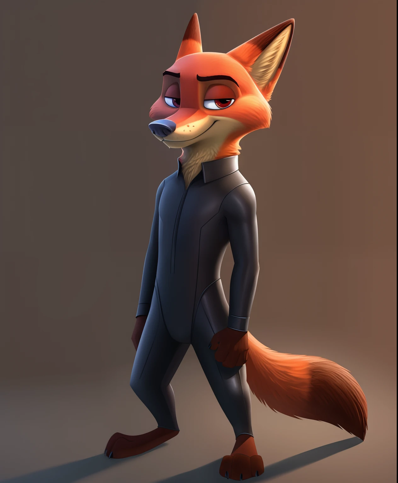 Evil Nick Wilde, evil red eyes, dark supersuit, sharp fangs, full body view