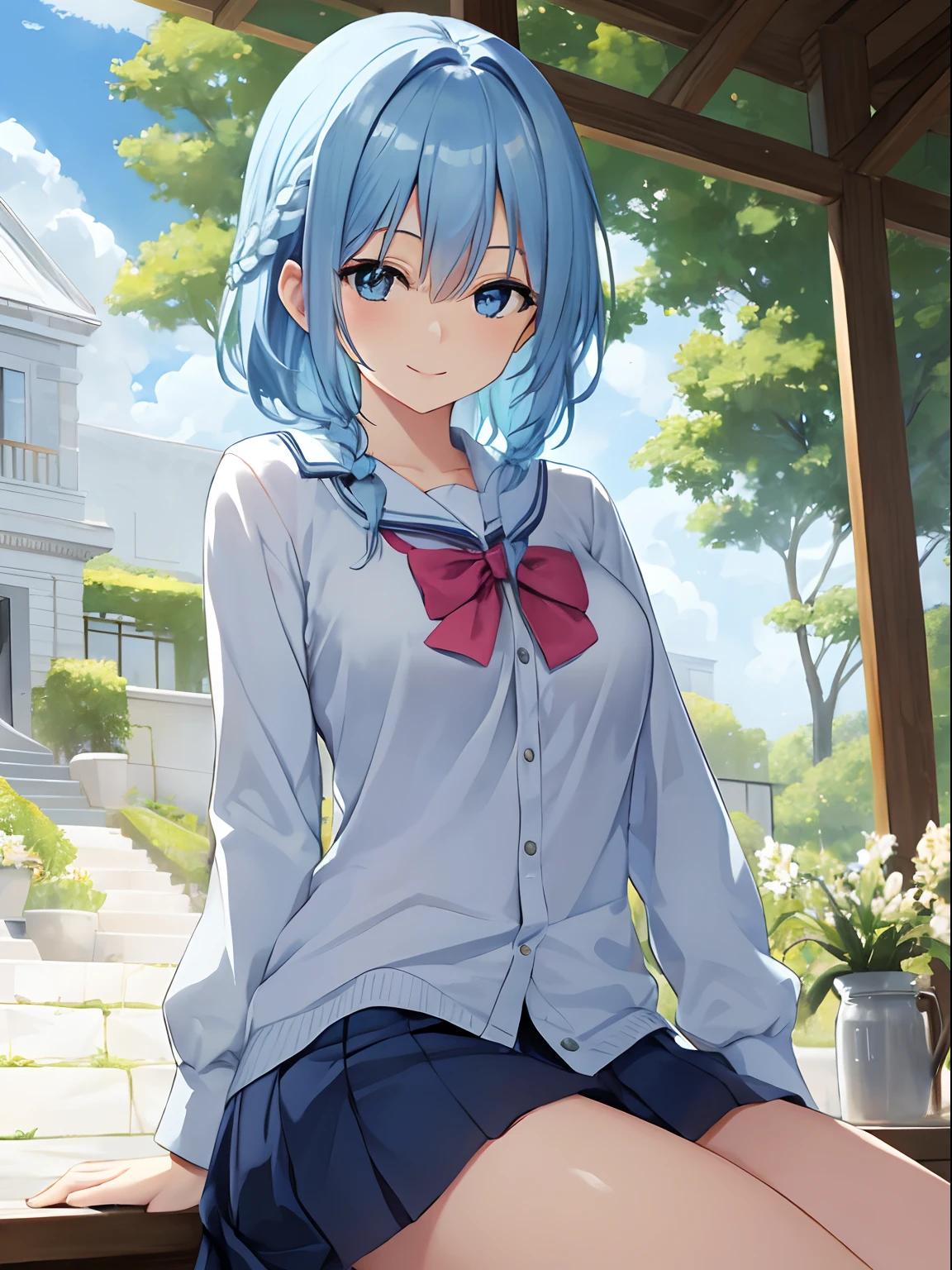 masterpiece:1.2, best quality, ((ultra detailed)), high resolution, 2d, anime style , photo, photography, detailed background, ((medium hair,light blue hair, asymmetrical hair , side braid,medium breasts))

BREAK
solo,(droopy eyes:1.3),thirty years old, (tall face, tall female)), ((blue eyes;1.2 )), beautiful thighs,

BREAK 
sitting,smile ,beautiful sky, cloud, background, school uniform 
BREAK
pastel colors:1.4, solid paint:1.2, saturated color, contour