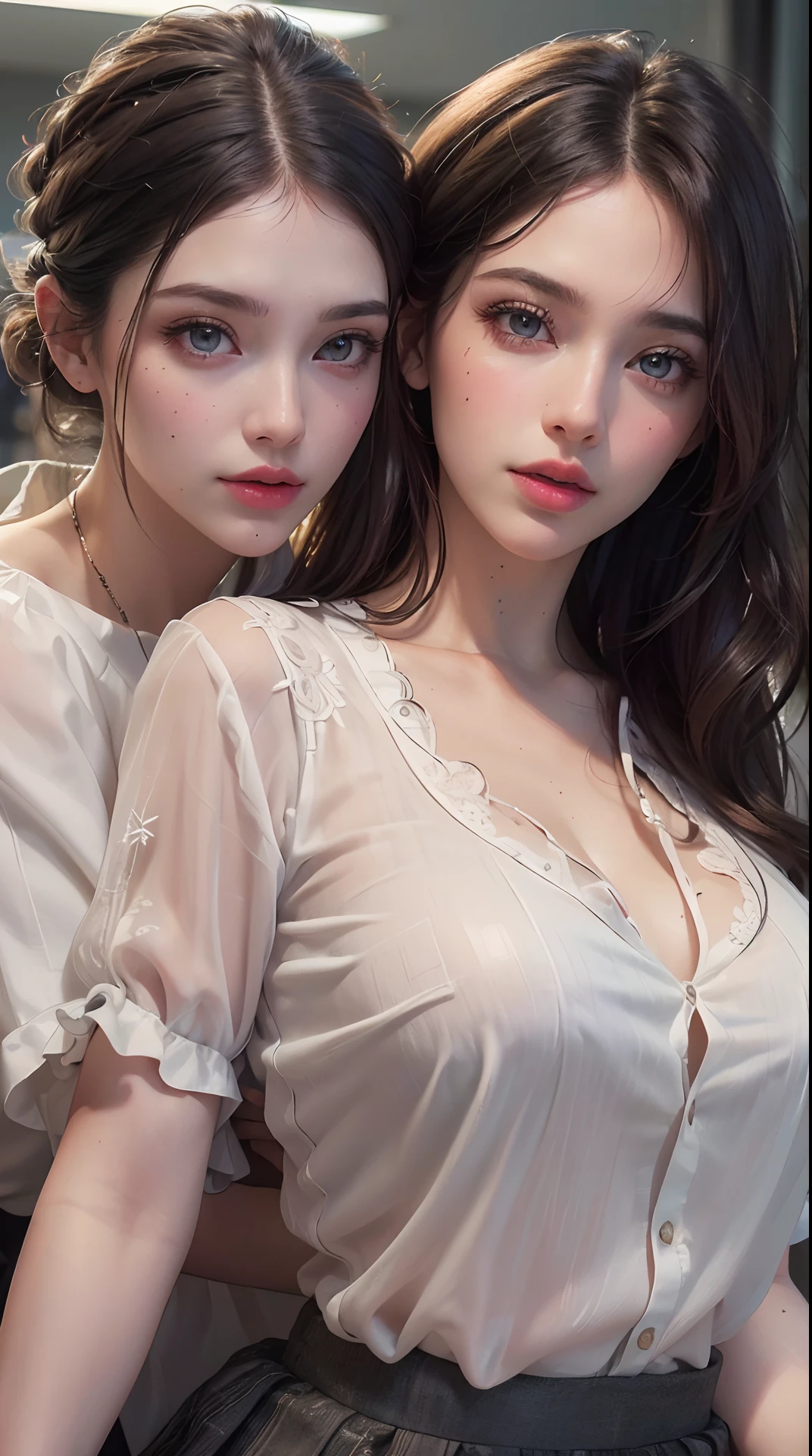 (best quality,4k,8k,highres,masterpiece:1.2), ultra-detailed, (realistic,photorealistic,photo-realistic:1.37),(beautiful detailed eyes, beautiful detailed lips, extremely detailed eyes and face, long eyelashes),studio lighting,physically-based rendering,vivid colors,(Two women embracing, office style, blouse, skirt),