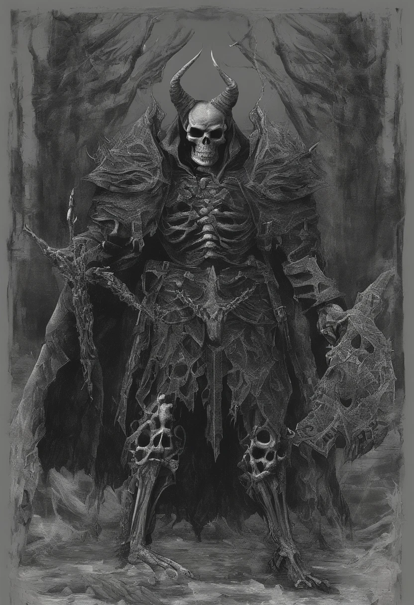 devil horns，Claws，battleaxe，Spooky environment，dentes pontiagudos，Berserker，full bodyesbian，Powerful aura，A strong sense of oppression，incredibly detailed，Red-eyed skeleton，The flames of hell are raging，Skeleton Legion，Ultra photo realsisim