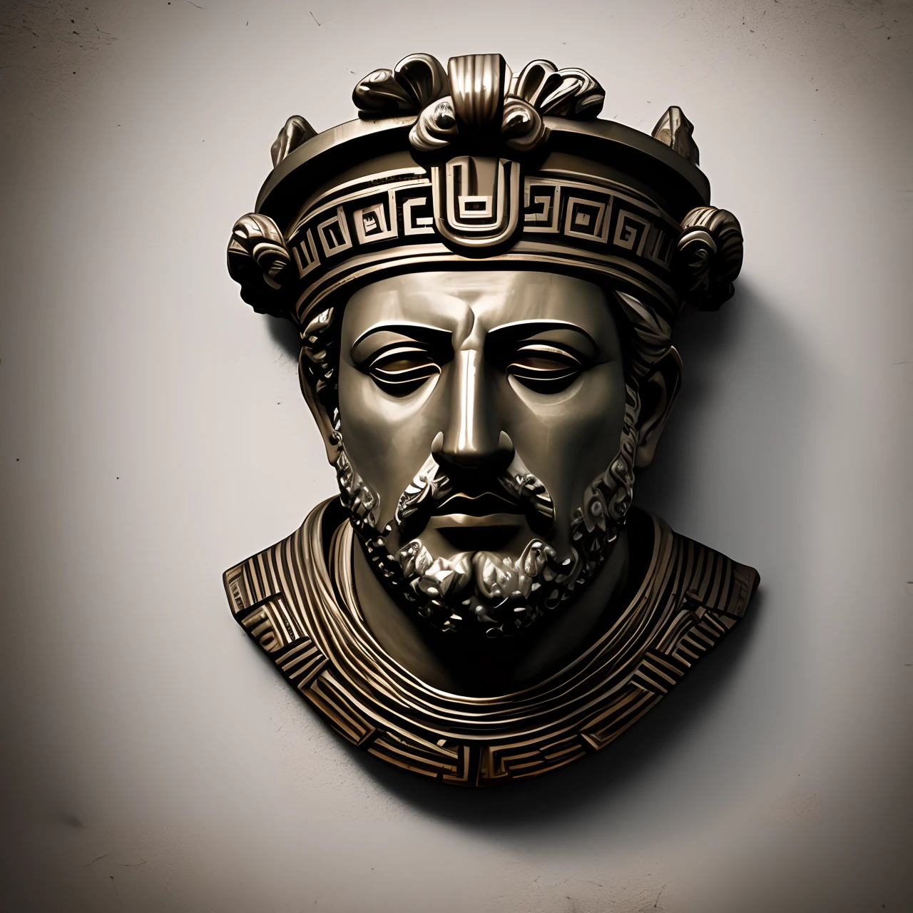 Create an image of a colorful Greek or Roman emperor making a sign of silence. dark background, only a clear light above the image of the emperor. 4k, ultra realistic image, 16x9 aspect ratio.