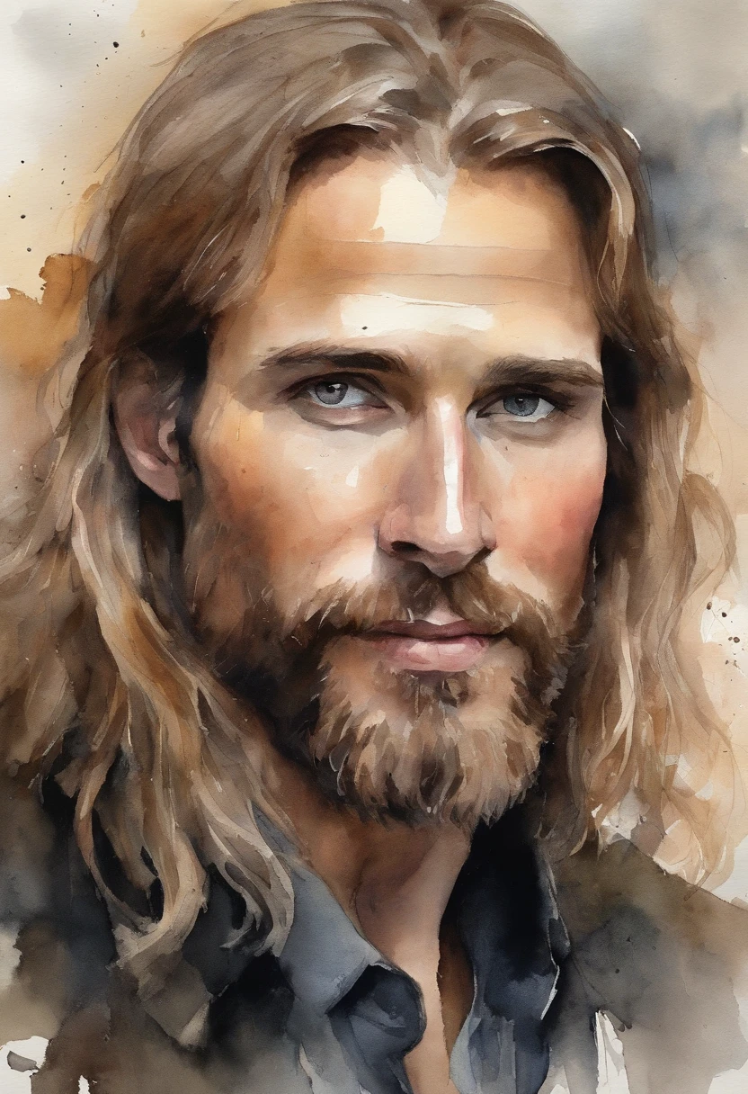 Pale skin and haggard face. Jesus,Messy blonde hair and short beard. Wear a black suit and black shirt, Almond orbititis. A sense of power and authority. Sturdy exterior. Young man. Layered eyes,colorful paint