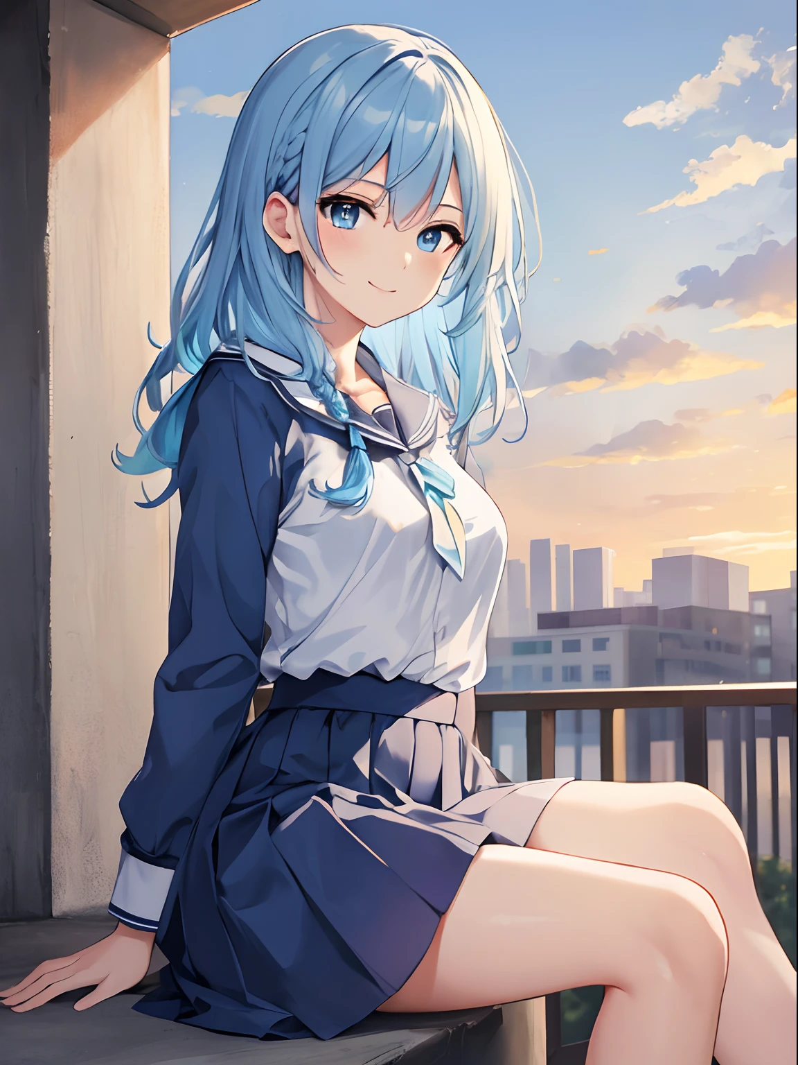 masterpiece:1.2, best quality, ((ultra detailed)), high resolution, 2d, anime style , photo, photography, detailed background, ((medium hair,light blue hair, asymmetrical hair , side braid,medium breasts))
BREAK
solo,(droopy eyes:1.3),thirty years old, (tall face, tall female)), ((blue eyes;1.2 )), beautiful thighs,
BREAK
sitting,smile ,beautiful sky, cloud, background, school uniform
BREAK
pastel colors:1.4, solid paint:1.2, saturated color, contour