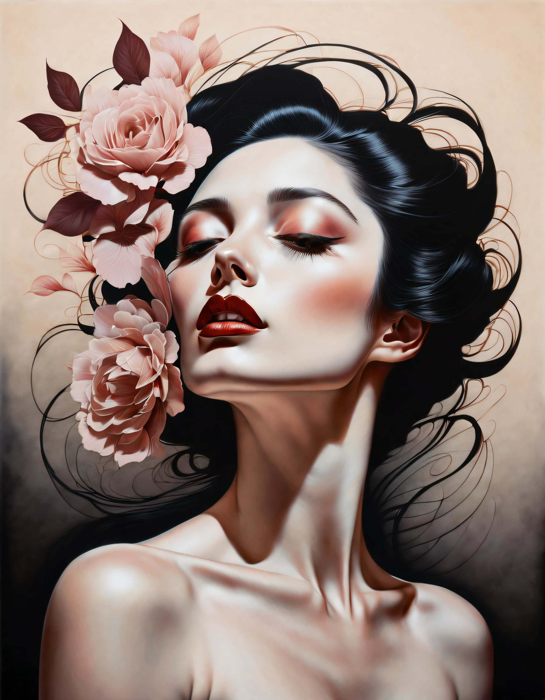 chiaroscuro technique on sensual illustration of an elegant woman, vintage , matte eerie, silky matte painting, by Hannah Dale, by Harumi Hironaka, extremely soft colors, vibrant, highly detailed, digital artwork, high contrast, dramatic, refined, tonal, Focus on touch, connection, and relaxation