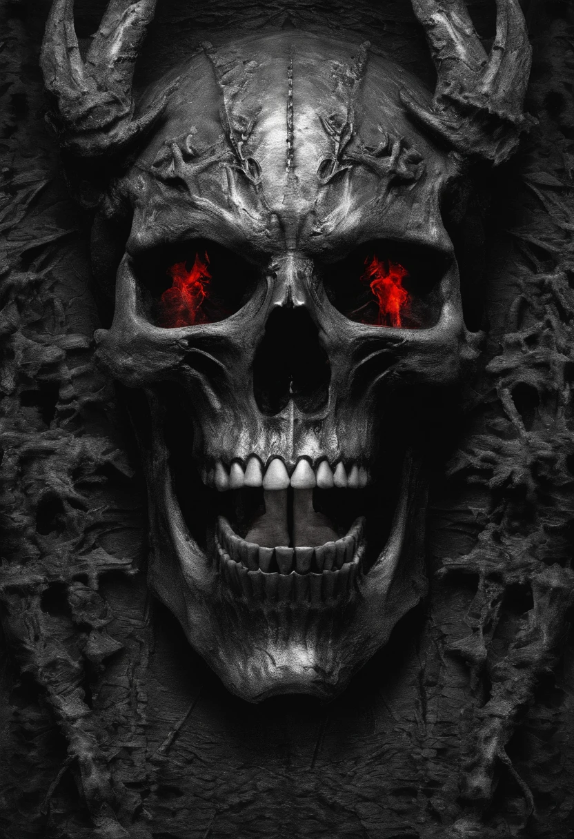 devil horns，Claws，battleaxe，Spooky environment，dentes pontiagudos，Berserker，full bodyesbian，Powerful aura，A strong sense of oppression，incredibly detailed，Red-eyed skeleton，The flames of hell are raging，Skeleton Legion，Ultra photo realsisim