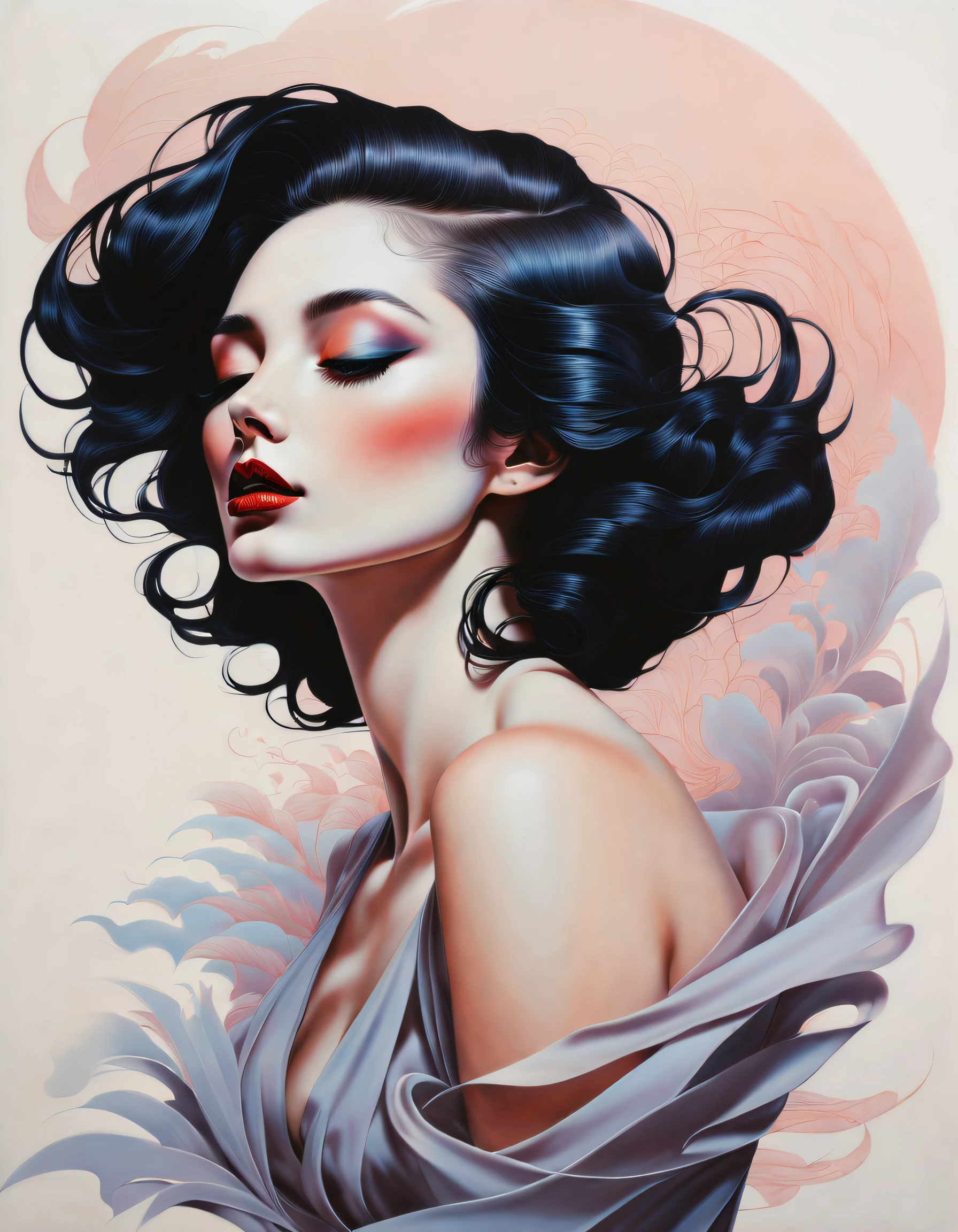 chiaroscuro technique on sensual illustration of an elegant woman, vintage , matte eerie, silky matte painting, by Hannah Dale, by Harumi Hironaka, extremely soft colors, vibrant, highly detailed, digital artwork, high contrast, dramatic, refined, tonal, Focus on touch, connection, and relaxation