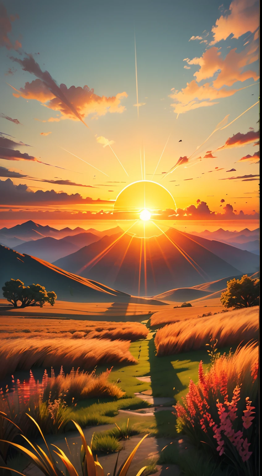 An image that depicts a radiant sunrise over a tranquil and serene landscape