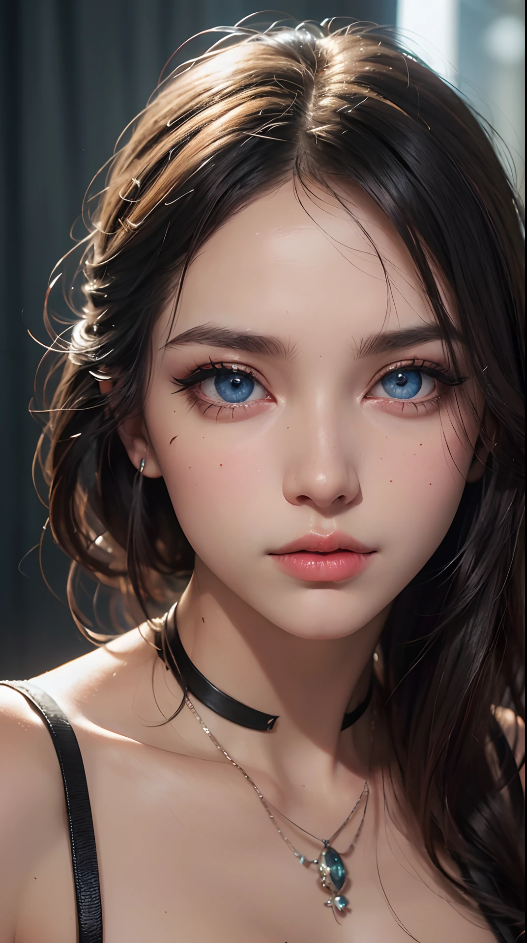 masterpiece, best quality, ultra-detailed, facing the camera head on, intricately detailed hyperdetailed, realistic, sharp features, highly detailed, sharp focus, perfect face, perfect face, perfect symmetrically perfect eyes, perfect full lips, flexible female form, cinematic, film light, hyper detailed, hyper realistic, masterpiece, atmospheric, high resolution, vibrant, dynamic studio lighting, nsfw, ((Dark background)), Sexy face, Facial expressions when receiving pleasure, straight Bangs, blue Eyes, black sweater, freckles,