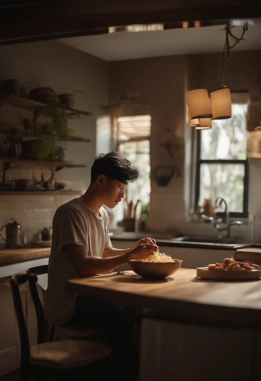 A handsome looking chinese  eating noodle in the kitchen dining room artgerm style, ! dream artgerm