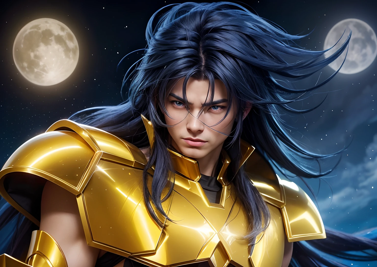 Cinematic stunningly detailed and ultra-realistic Saga go gemini of Saint Seiya. Close up. He is waring pretty realistic golden armor. Bright golden armor. Detailed gold armor. Octane is the perfect tool to capture the softest details of this 16k photography masterpiece. He is a handsome caucasian man about 40 years old. 1boy. Beautiful face. Caucasian man. Detailed face. Beautiful nose. (Pretty blue eyes). Perfect eyes. Shaved. Diamond face. He has a long messy straight blue hair and bands. ((Shaved)). He is staring his enemy. Multiple stars at night background.