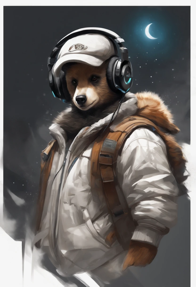 Perfect centering, A cute bear cub all over, Wear a student jacket, Wearing headphones, smoking, cigarette in mouth, Standing position, Abstract beauty, Centered, Looking at the camera, Facing the camera, nearing perfection, Dynamic, Moonlight, Highly detailed, Digital painting, art stations, concept-art, smooth, Sharp focus, 8K, high definition resolution, illustration, Art by Carne Griffiths and Wadim Kashin, White background