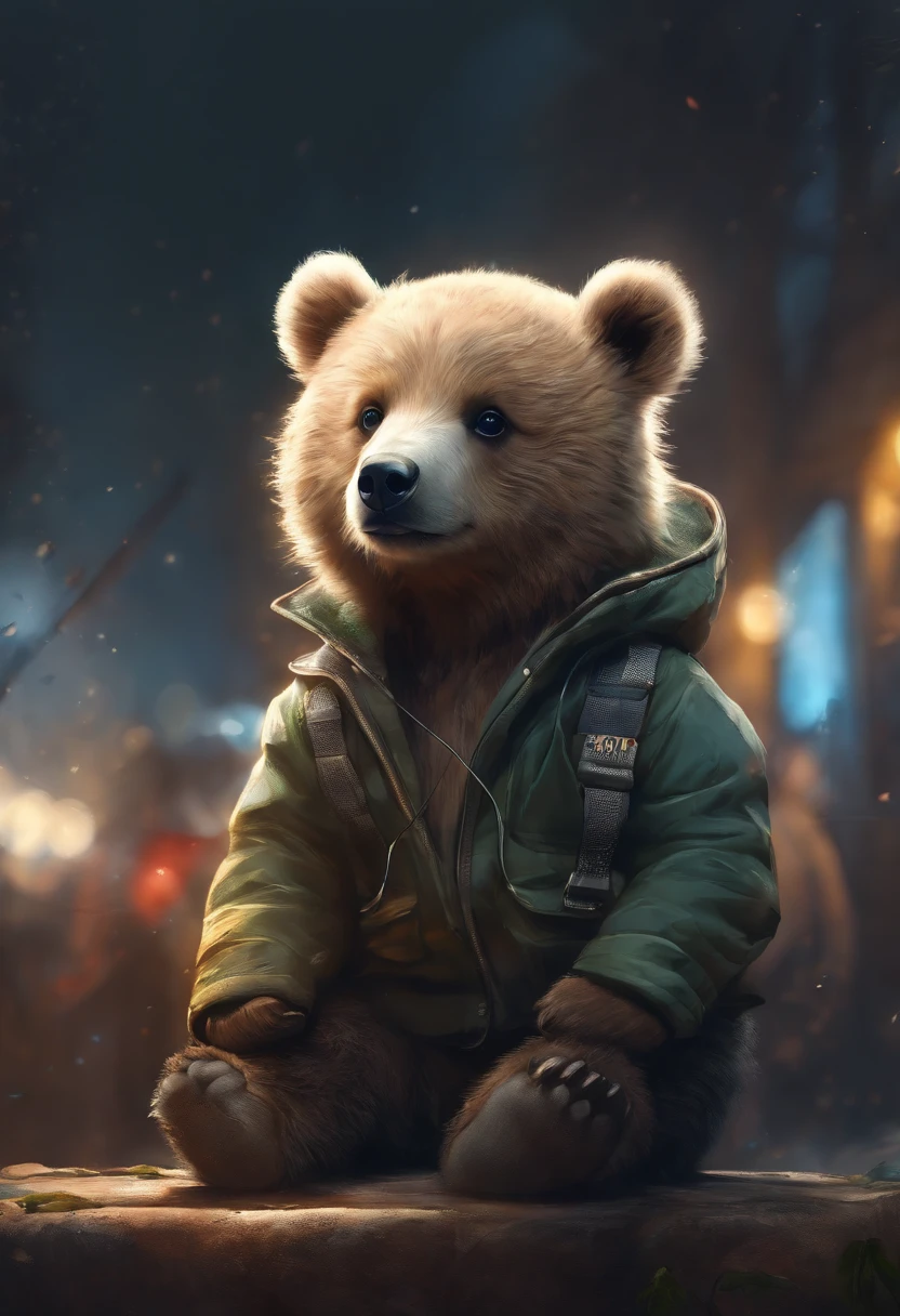 Perfect centering, A cute bear cub all over, Wear a student jacket, Wearing headphones, smoking, cigarette in mouth, Standing position, Abstract beauty, Centered, Looking at the camera, Facing the camera, nearing perfection, Dynamic, Moonlight, Highly detailed, Digital painting, art stations, concept-art, smooth, Sharp focus, 8K, high definition resolution, illustration, Art by Carne Griffiths and Wadim Kashin, White background