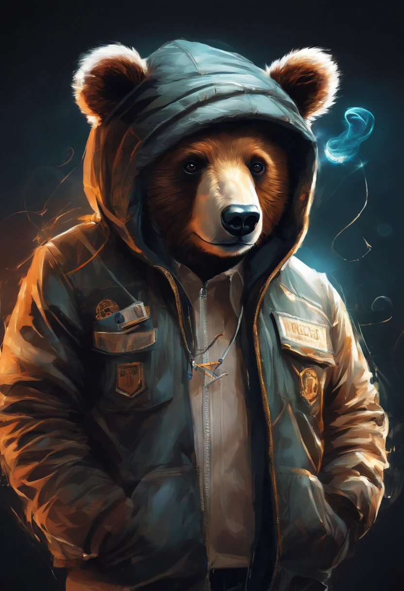 Perfect centering, A cute bear cub all over, Wear a student jacket, Wearing headphones, smoking, cigarette in mouth, Standing position, Abstract beauty, Centered, Looking at the camera, Facing the camera, nearing perfection, Dynamic, Moonlight, Highly detailed, Digital painting, art  stations, concept-art, smooth, Sharp focus, 8K, high definition resolution, illustration, Art by Carne Griffiths and Wadim Kashin, White background