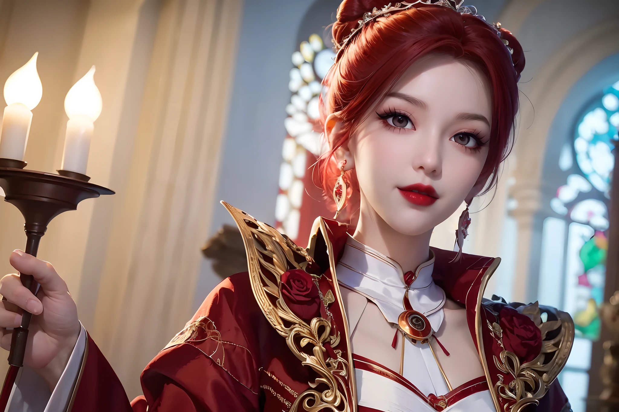 Excellent image quality，Ultra-clear image quality，Big red Hanfu wedding dress，Candles flicker，Pearl hair crown，Tassel earrings，Smiling like a flower,short hair,hair bun,