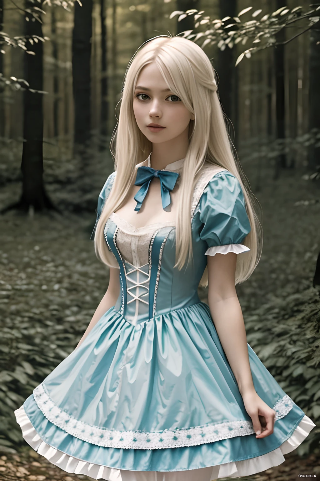Hay una mujer con un vestido azul, As Alice in Wonderland, Alice in Wonderland Style, Alicia X. Zhang, Portrait of Alice in Wonderland, Alicia de Alicia en la Tierra de las Maravillas, The theme of Alice in Wonderland, Alice in Wonderland, inspirado por Alice Prin, Alice in Wonderland, Alice in Wonderland theme, From Alice in Wonderland,(medias blancas:1.4),More detailed 8K.motor irreal:1.4,UHD,La mejor calidad:1.4, fotorrealista:1.4, textura de la piel:1.4, obra maestra:1.8,obra-prima, mejor calidad,objeto Objeto], (detailed face features:1.3),(pantimedias White:1.4) ,(Enchanted Forest of Giant Trees:1.4),(bosque embrujado:1.4)