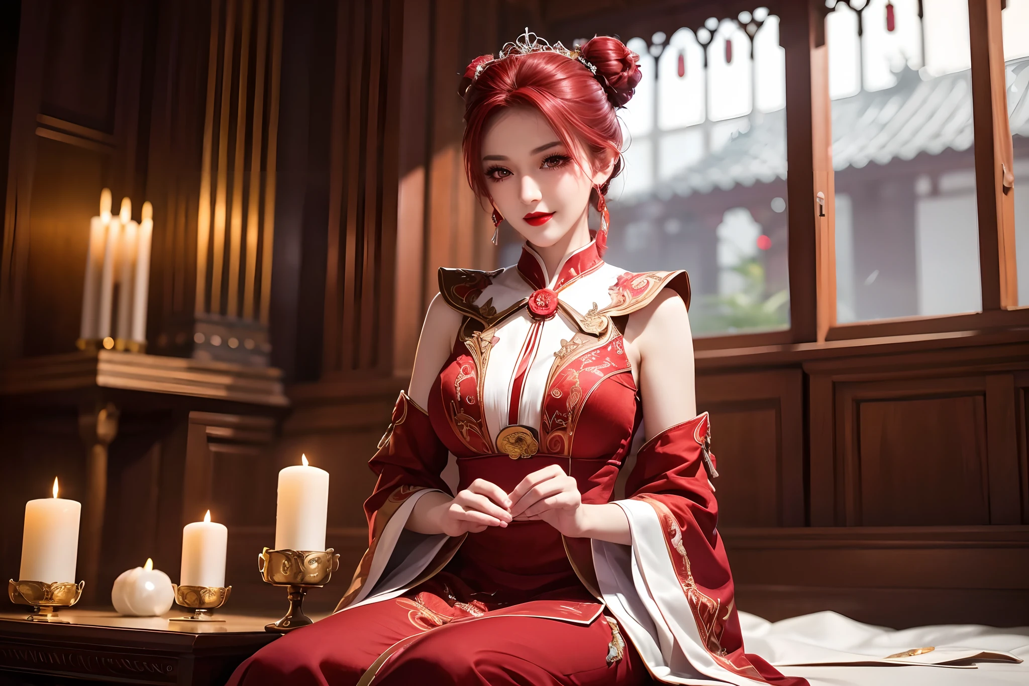 Excellent image quality，Ultra-clear image quality，Big red Hanfu wedding dress，Candles flicker，Pearl hair crown，Tassel earrings，Smiling like a flower,short hair,hair bun,