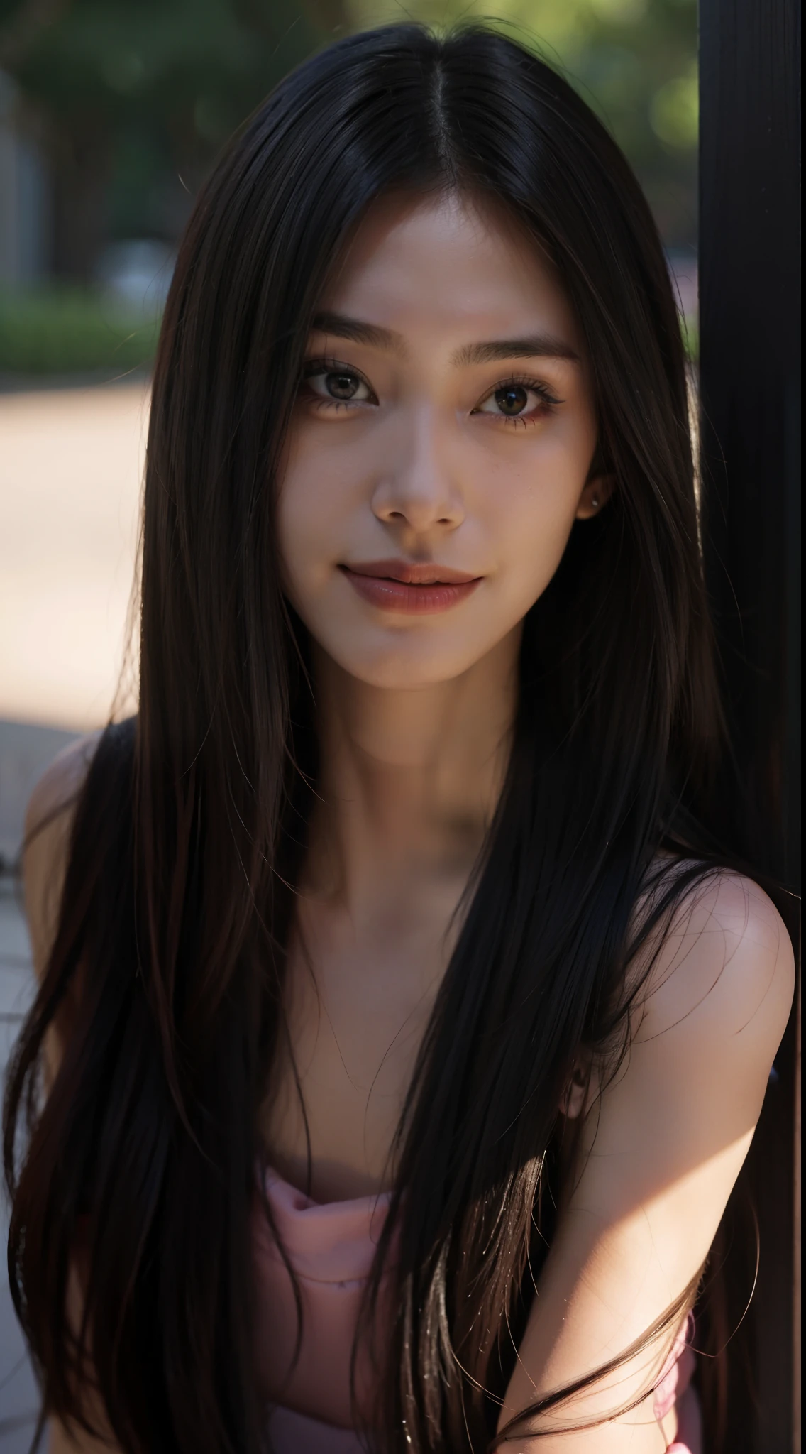 1girll，Long face，slender nose，Fake smile，hair straight，deepshadow，outside