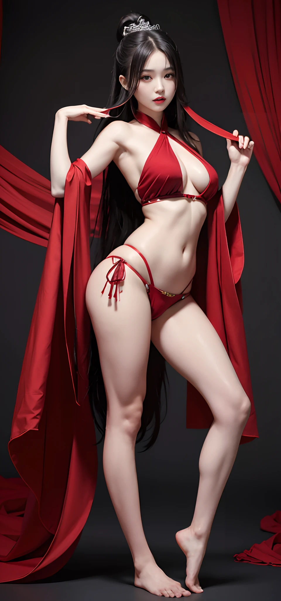 realisticlying, A high resolution, 1 rapariga, Black wavy hair, chineseidol, heterochromatic eyes, small mole under eyes, Transparent red hanfu, nakeness, extremely large bosom, long leges, panties are visible，Bare breasts，standing on your feet，Bare genitalia，Bare