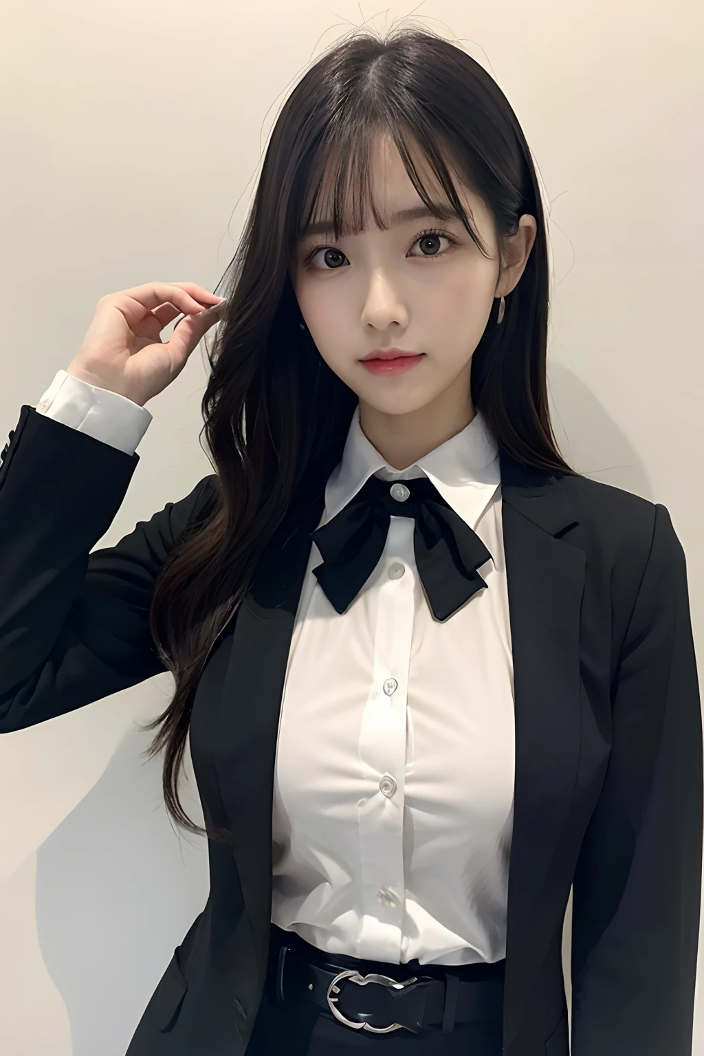 (masutepiece:1.2),High quality,vivd colour,flat-colors,Deep Depth Of Field,Lens Flare,1 girl,Black hair,eyecontact,Suit,Collared shirt,Belt bag,suspenders,Professional,Office Lady,Mature Women,Black Suit,Black jacket,Gaze,ample bosom,Armpit sweat,Exposing the armpits"Pichi Pichi clothes　Cutter shirt　large full breasts 　ceiling　Along the wall　Black jacket