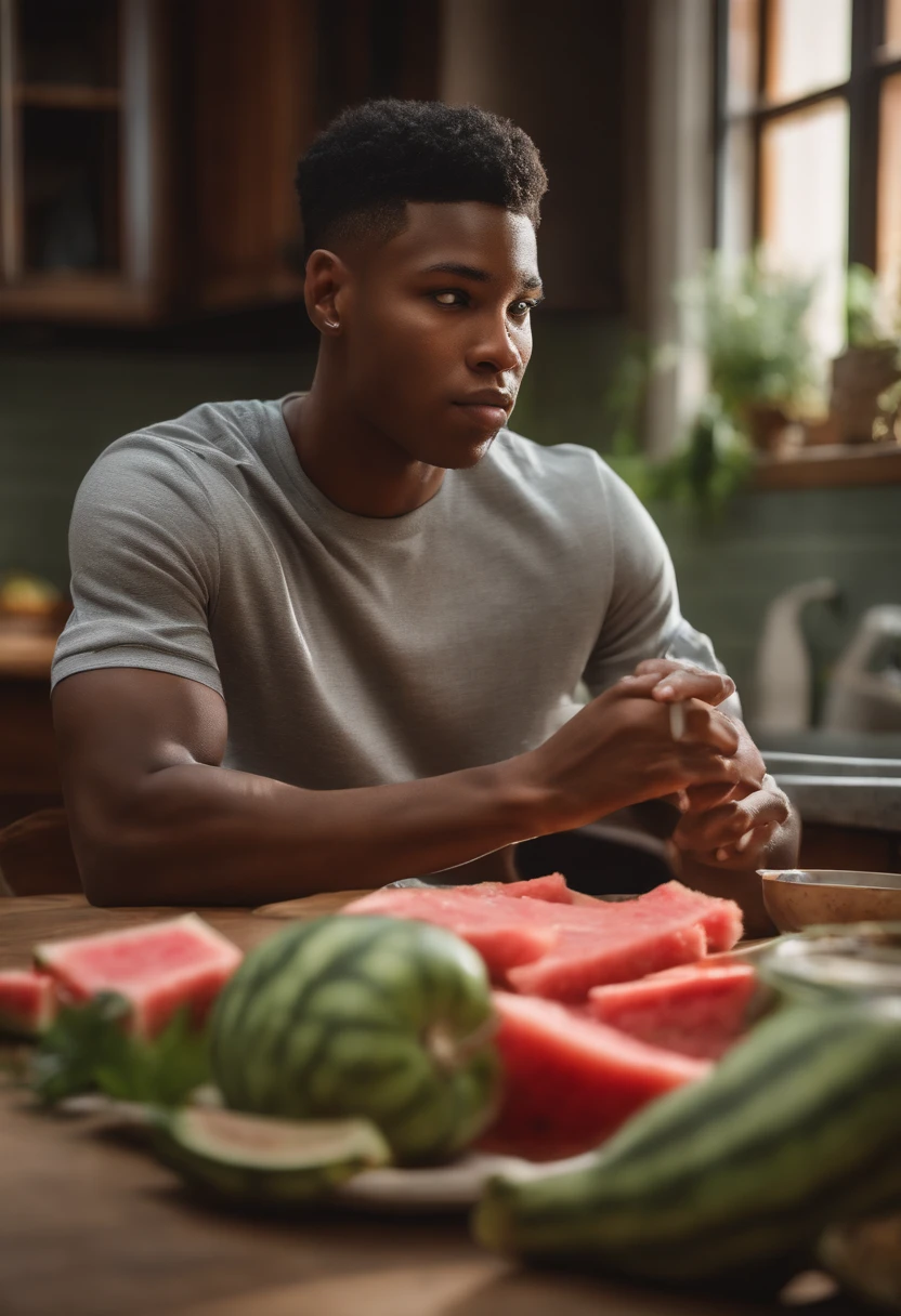 A handsome looking black teen eating fried chicken and watermelon in the kitchen dining room artgerm style, ! dream artgerm