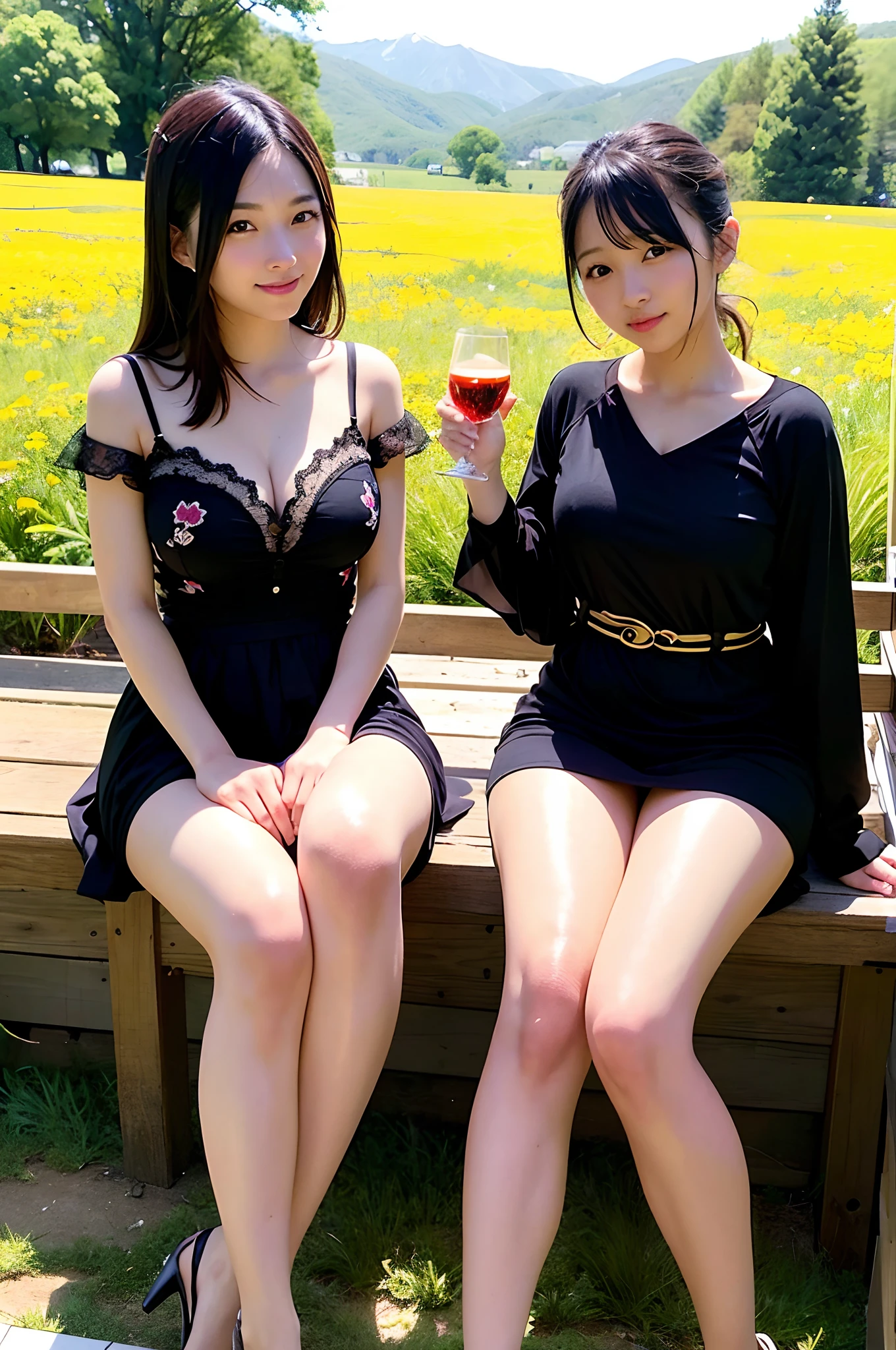 2girls,leering:1.5,Araffe Japanese model, hyperrealistic, drinking water in a glass with lots of ice next to yellow ducklings in a meadow,see-through costume,embroidery pattern,