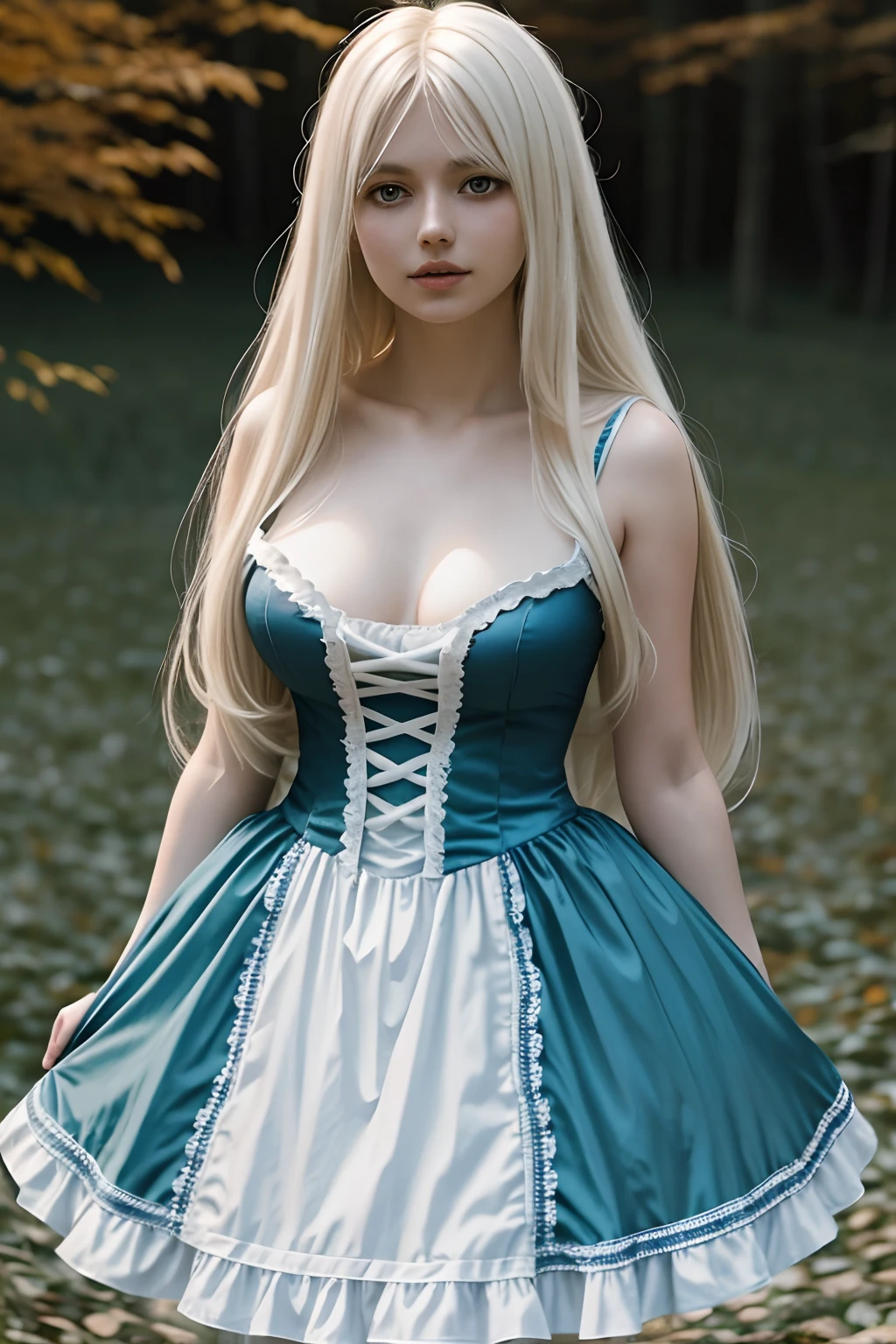 1girl in, age19, Solo, Aesthetic artwork, platinum blonde hair, long straight hair, detailed hair, full c cup breasts, c-cup, slender body, Full body, detailed skin texture, American McGee's Alice costume, blue and white dress, Alice in Wonderland, Wonderland costume, Halloween decorations, jack-o'-lantern, (extremely detailed 8k wallpaper), soft lighting, high quality, film grain, Fujifilm XT3 sharp focus, f 5.6, 50mm, High Detail, Sharp focus,(natural light), (seductive), Realistic, ultra realistic, photo realistic