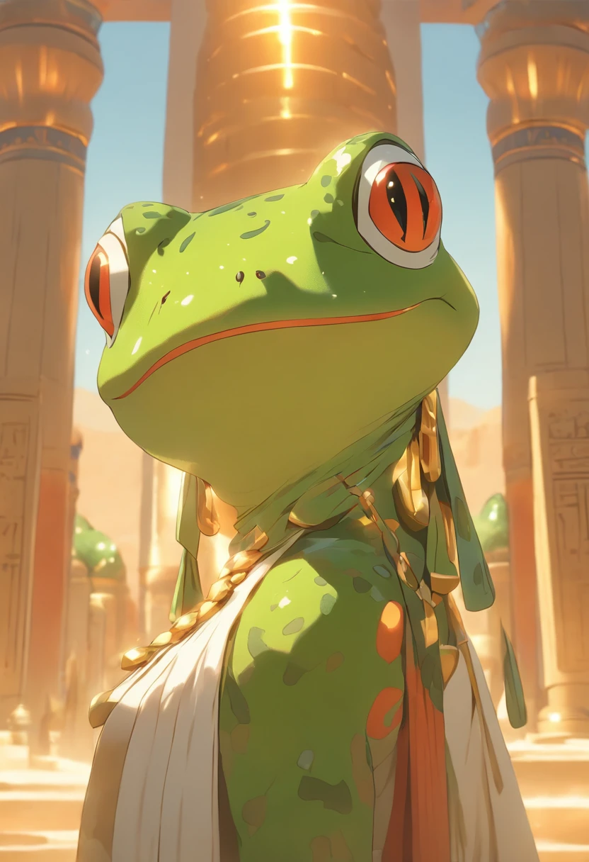 (((Frog head))) best quality, very high resolution, 4K detailed CG, masterpiece, Egyptian mythology, HEQET, sun in the background, Ancient Egypt, standing pose, frog head, white clothes, Egyptian clothes , Egyptian temple, desert, Ancient Egypt, ((frog head, woman's body)), Egyptian palace, aesthetics, beautiful image, centered on screen, standing pose