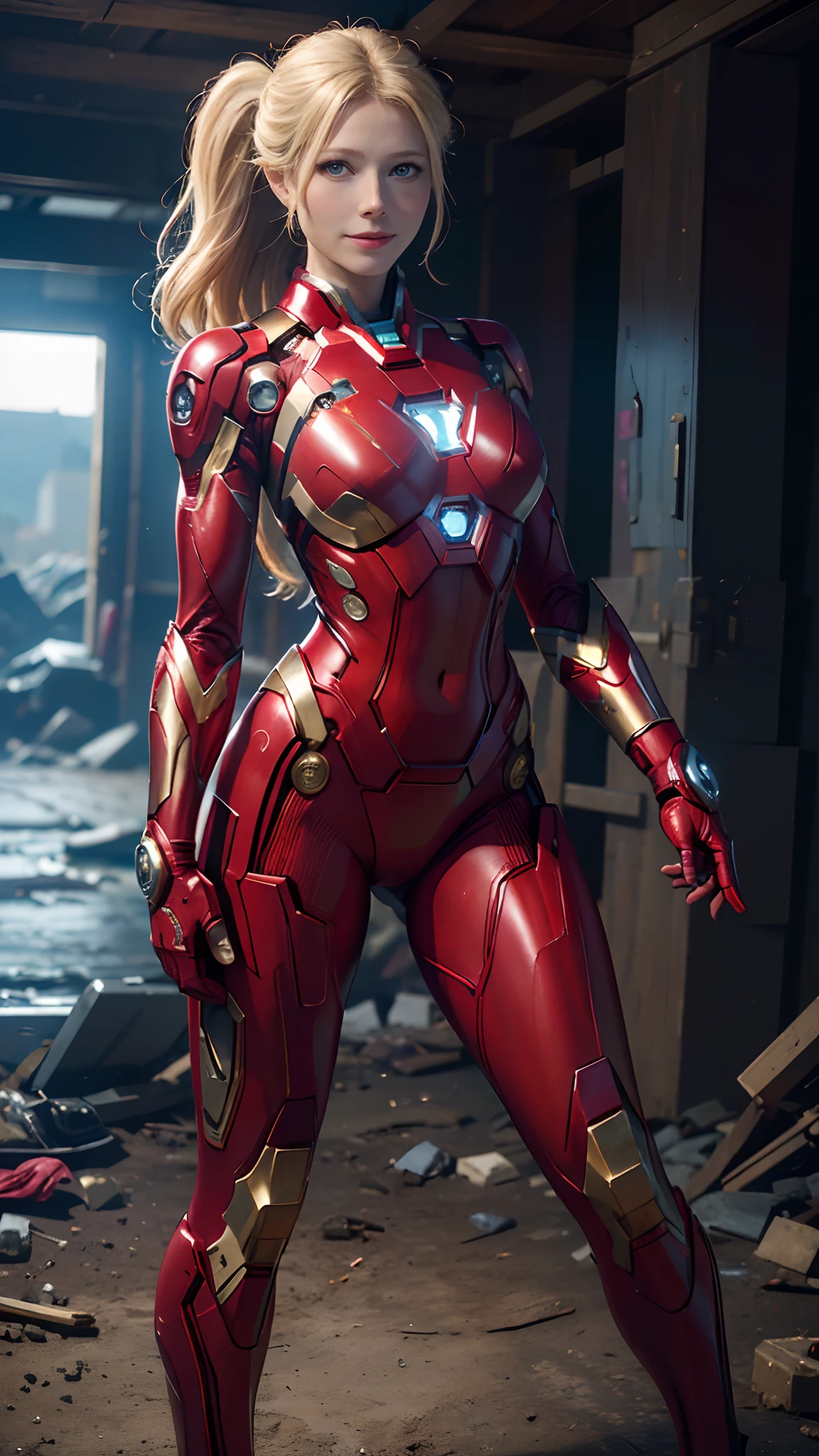 1girl, full body shot, Gwyneth Paltrow as  Ironman (from marvel studios), red Ironman suit, smile, look at viewer, (masterpiece, best quality, detailed cloth texture, beautiful detailed face, intricate details, ultra detailed),  blonde hair, landing pose, (random angles), (Best quality, A high resolution, Photorealistic, primitive, buildings destroyed, abstract background, (8K,Masterpiece, ),Best quality, Masterpiec8K.hdr. High ribs:1.2, filmgrain, Blur bokeh:1.2, Lens flare, (vivd colour:1.2), (Delicate),