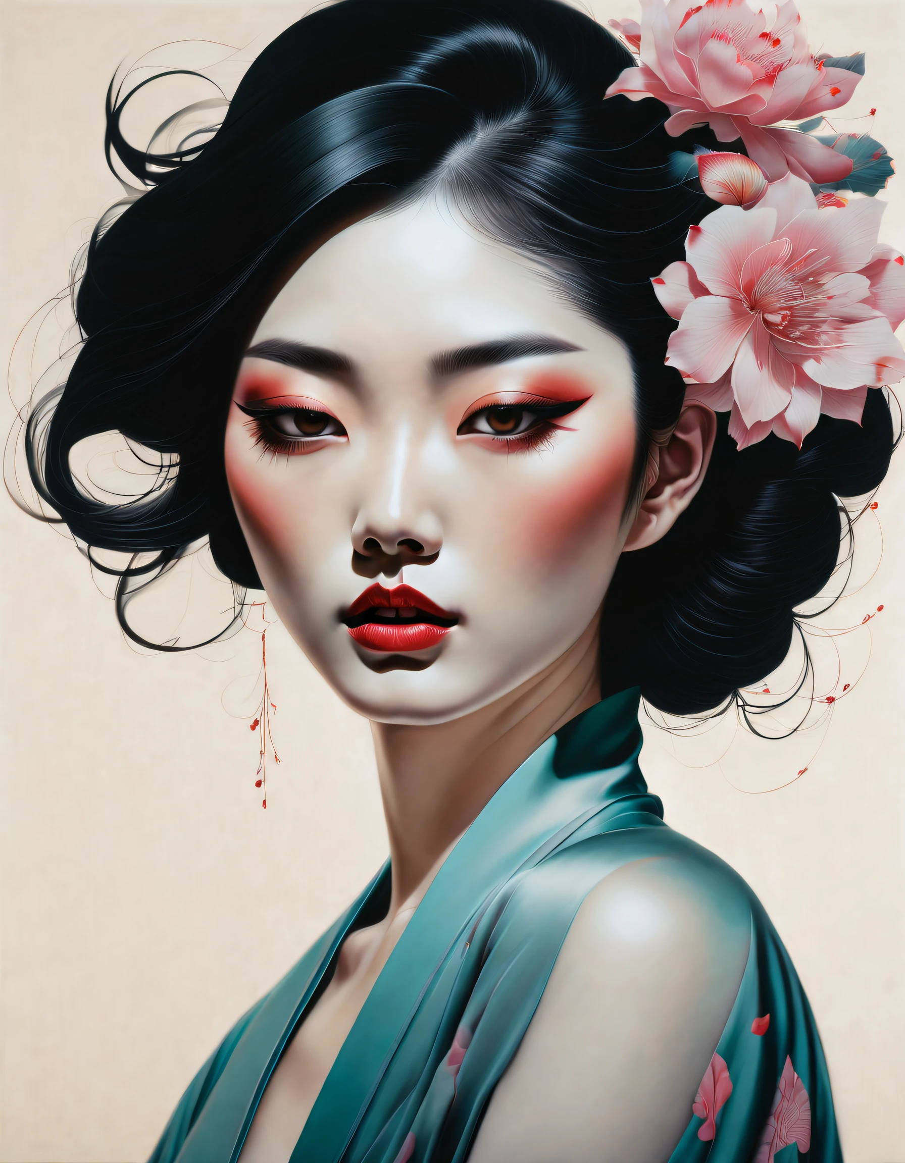chiaroscuro technique on sensual illustration of an elegant asian from behind, vintage , matte eerie, silky matte painting, by Hannah Dale, by Harumi Hironaka, extremely soft colors, vibrant, highly detailed, digital artwork, high contrast, dramatic, refined, tonal, highest quality,anatomy correct,ultra-wide-angle,depth of fields