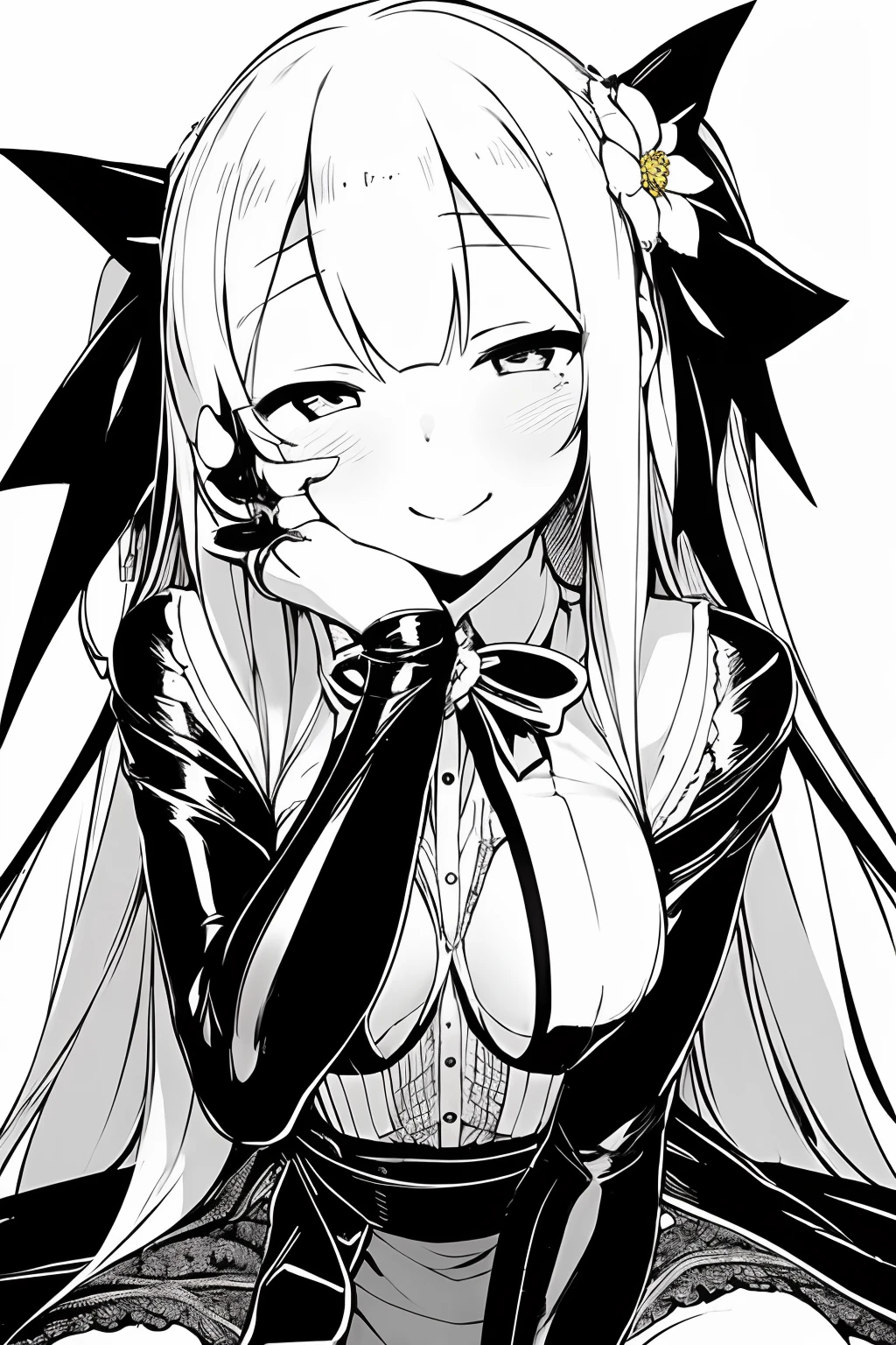 masterpiece, best quality, 1girl, solo, long_hair, looking_at_viewer, smile, dress, ribbon, jewelry, very_long_hair, hair_ribbon, flower, bracelet, two_side_up, hand_on_own_face, head_rest, hand_on_own_cheek, lineart, monochrome,