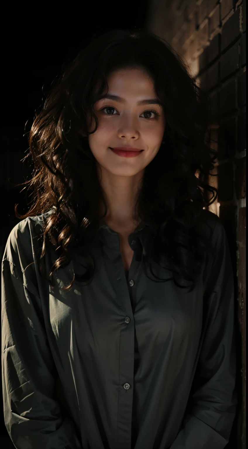 1girll,Fake smile,Curly hair,In the dark,deepshadow