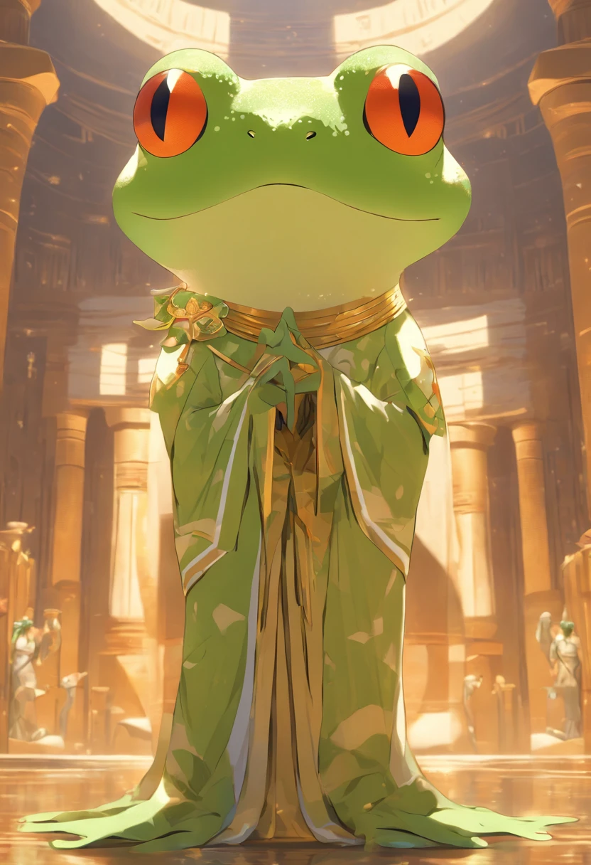 (((Frog head))) best quality, very high resolution, 4K detailed CG, masterpiece, Egyptian mythology, HEQET, sun in the background, Ancient Egypt, standing pose, white clothes, Egyptian clothes, Egyptian temple, desert, Ancient Egypt, ((frog head, woman's body)), Egyptian palace, aesthetics, beautiful image, centered on screen, standing pose