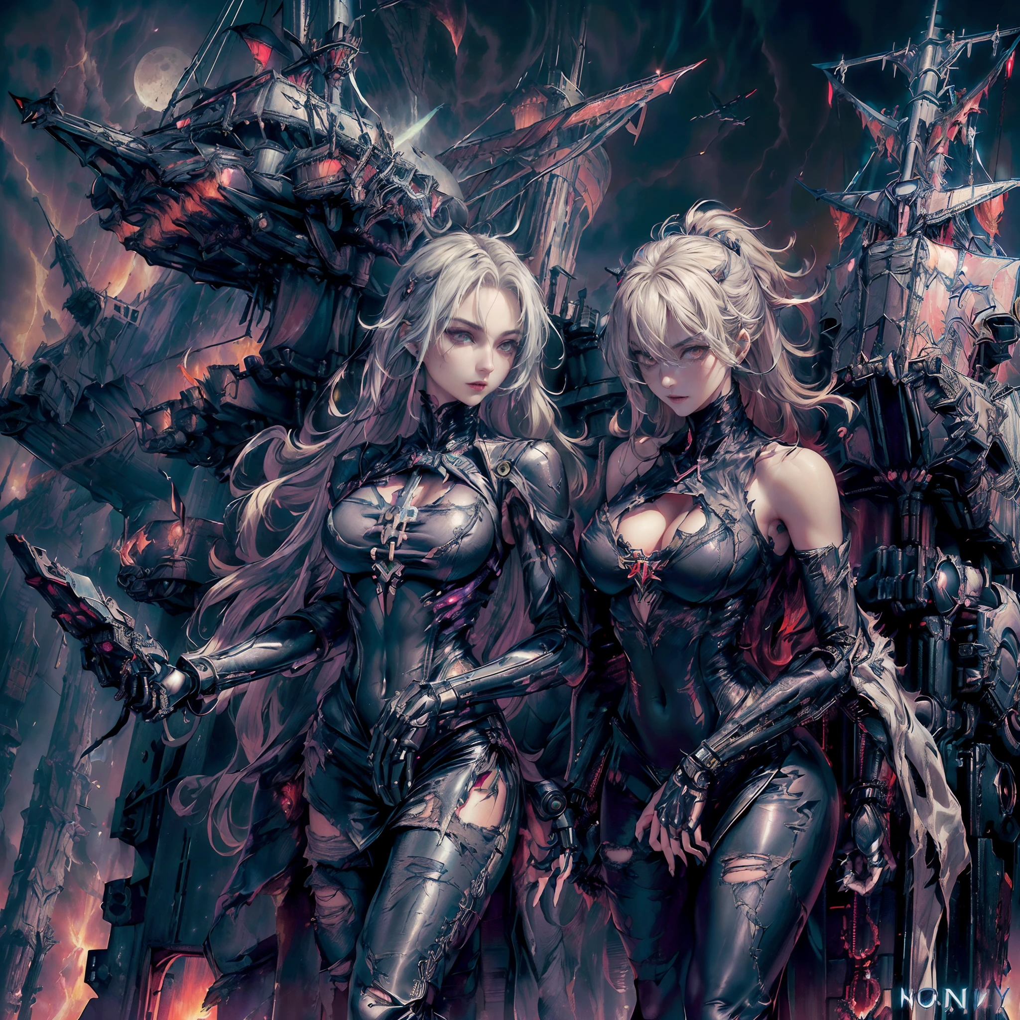 Cinematic lighting,super detailed skin、Beautiful detailed eyes、Best Quality,cyberpunked,(Alternative、dim colors, Soothing tones:1.3),(Ship and Two Girls:1.5)、NSFW(1beautiful woman、Villain、Detailed beautiful facial features、Futuristicbot4:1.3)a blond(disaster々Leather Tight Suit、Slit skirt、well-shaped breasts、Arms and legs are mechanical、Shoulders and navel are exposed、Ripped clothes:1.5).(Evil Machine Ship、Noah's Ark、In the sky:1.4)(There is a girl ahead、Holding a machine gun in your hands:1.4)(pov from down:1.8)Predawn sky、Broken factory、A lot of mechanical dolls are thrown away(Mechanical Moon:1.2)