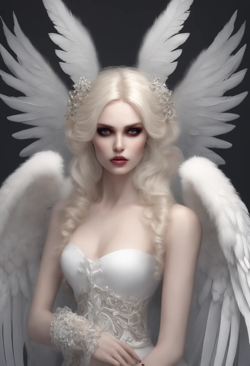 skull girls style, female, slim and curvy, pale and lightly blushed skin, pale red eyes, white beautiful wings for ears, three beautiful pairs of wings on back, sharp nail, sharp teeth, fluffy and curly platinum blond hair
