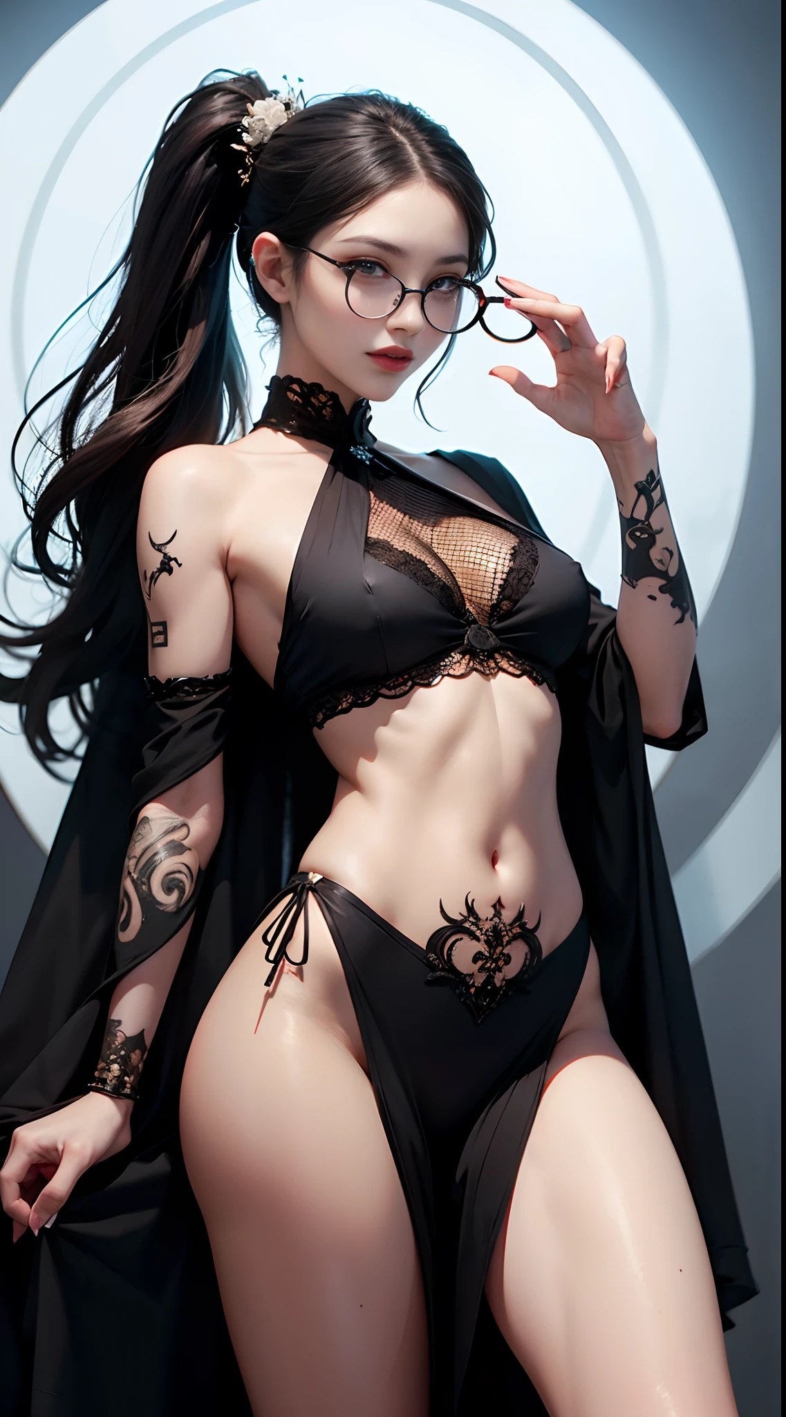 1 beautiful devil woman from hell, surreal female portraits by David Hockney and Alphonse Mucha, Fantasy Art, Chinese Doll, Photorealism, Dynamic lighting, art  stations, poster for, Volumetric lighting, Intricate tattoos on the face with highly detailed details, demonic intricate tattoos, thigh tattoos, body tattoos, 8k ultra, Awarded, In the Dark, lowkey, cowboy lens, (Black Phoenix Dress: 1.0), Long hair, Black hair, Bust, Devil's Palace, devil crown, red eyes make up very sharp and detailed, The most beautiful face, Seductive body、((((black-rimmed round glasses))))、 Super tight breasts, Breast augmentation surgery, The breasts are very big and round and round, Super realistic, Black Dark Magic Dress, Charming smile, The eyes are very well made up, ((Red Eye:1.0)), guweiz, devil style, wearing black mesh socks, Ponytail with a bow tied at the back of the hair, plump beautiful red lips, wearing a thin red and black robe, Hands pull the straps to expose sexy breasts, the landscape is overcast and thunderous, Beautiful female demon portrait, Protagonist Close-up、intricate tattoos, demonic intricate tattoos, thigh tattoos, body tattoos, (Detailed spooky backgrounds:0.8), nffsw, nffsw, The 8k quality, detailed pixel, Meet beautiful girls, Look at the girl's body, ((((black-rimmed round glasses))))、Portrait of a woman in black magic clothes、Portrait of a Buggy Woman by David Hockney and Alphonse Mucha, Fantasy Art, Chinese Doll、Seductive Woman、