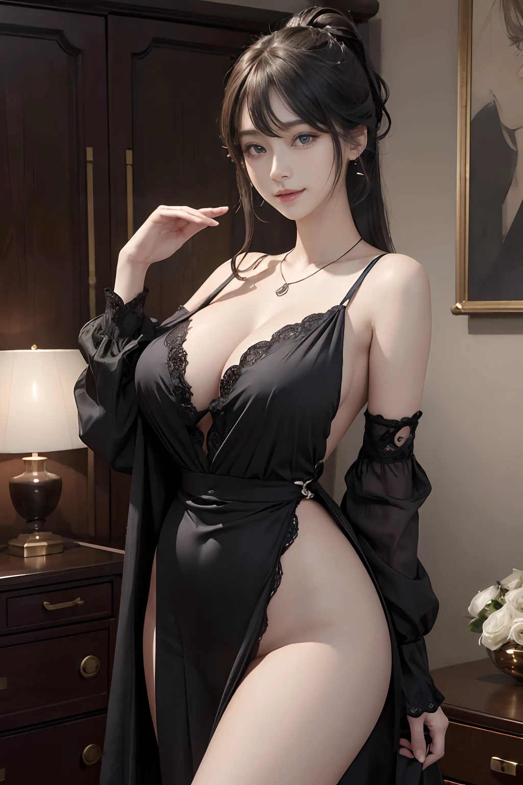 (A hyper-realistic)、(illustratio)、(hight resolution)、(8K)、(ighly detailed)、(Best Illustration)、(beautifully detailed eyes)、(top-quality)、(ultra-detailliert)、(masterpiece)、(Gorgeous Stage)、(详细的脸)、独奏、女の子 1 人、Viewer's Perspective、detaileds、详细的脸、deep-shadows、lowkey、pureerosfaceace_v1、A smile、Colossal tits、With super high leg jewel studs、piercings、a necklace、Medium ponytail、(Hair color is milk tail reiju)、big breasts thin waist、Beautiful body curves、Ultra-fine makeup、Luxury clothing、