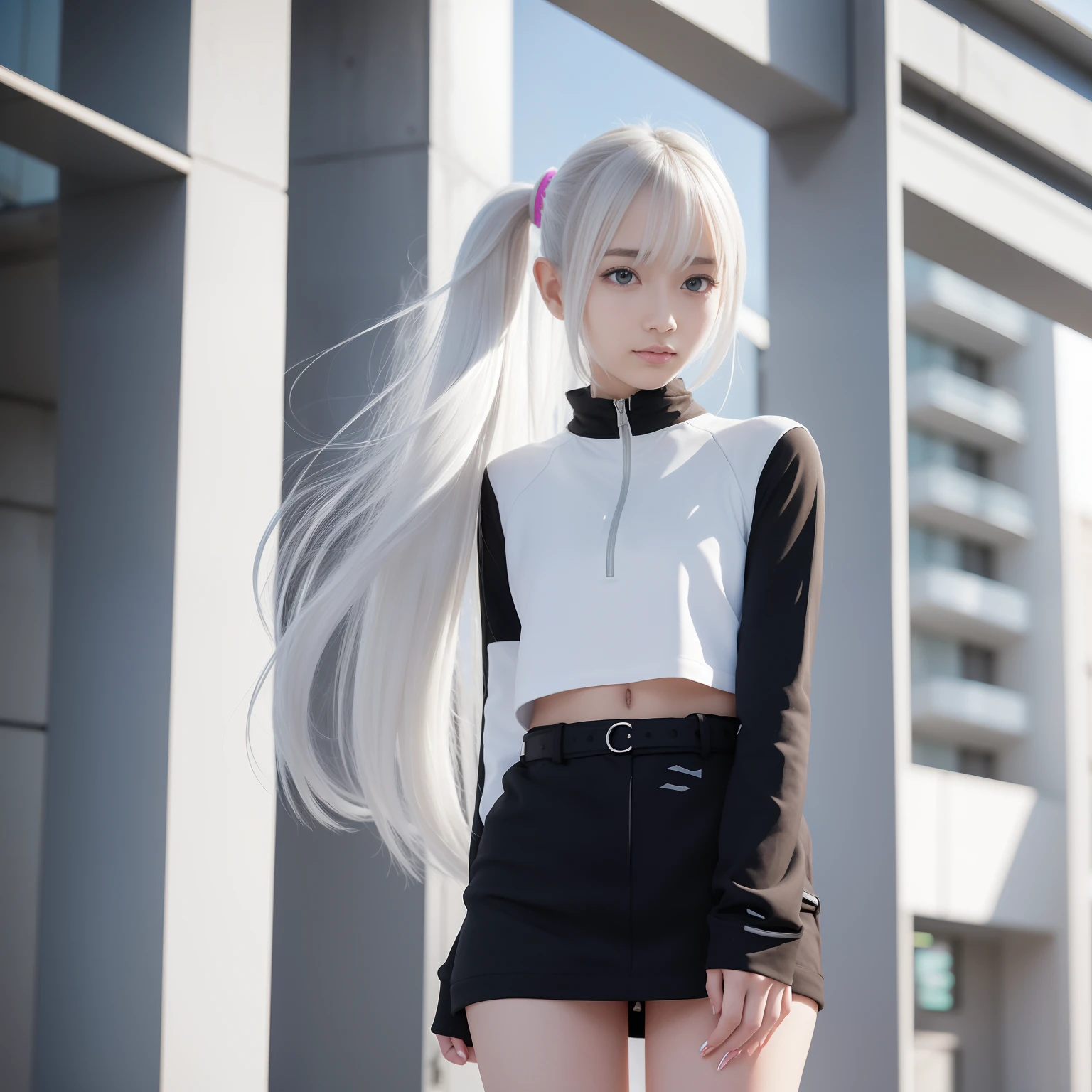 A world of only white, Black and gray(Futuristic cities),20 years girl,masutepiece , Best Quality,The best illustrations,Nahida(GenshinImpact) ,very slender body,tiny chest,Skinny Legs,Long hair ,Side Ponytail, Hair Ornament ,Street, White hair , White hair , hand behind head:1.5,multicolored hair, elf ,Skinny Legs,smil,Tsundere,