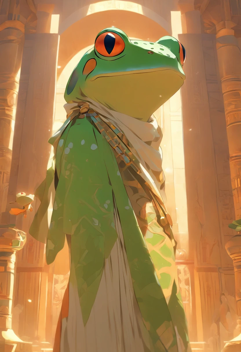 (((Frog head))) best quality, very high resolution, 4K detailed CG, masterpiece, Egyptian mythology, HEQET, sun in the background, Ancient Egypt, standing pose, white clothes, Egyptian clothes, Egyptian temple, desert, Ancient Egypt, ((Frog Goddess)), Egyptian palace, aesthetics, beautiful image, centered on screen, standing pose