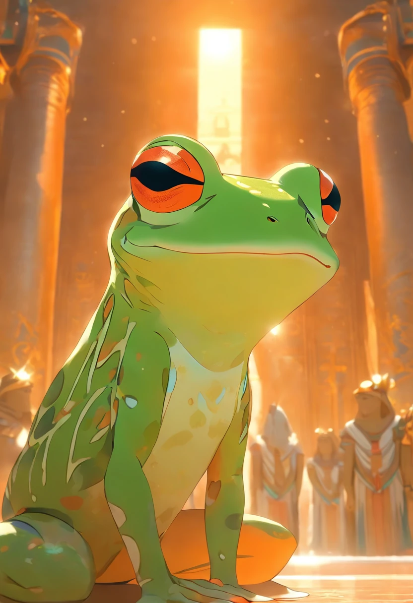 (((Frog head))) best quality, very high resolution, 4K detailed CG, masterpiece, Egyptian mythology, HEQET, sun in the background, Ancient Egypt, standing pose, white clothes, Egyptian clothes, Egyptian temple, desert, Ancient Egypt, ((Frog Goddess)), Egyptian palace, aesthetics, beautiful image, centered on screen, standing pose
