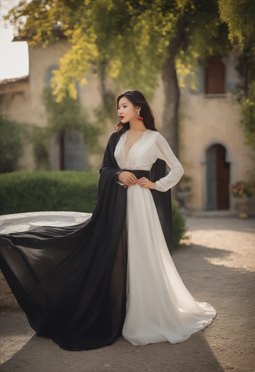 A beautiful woman in China with a beautiful background,25 age old,Melon seed face,Long hair with a shawl,black in color, Wear white professional clothes,White high heel,Grey Stockings,Best quality, A high resolution, tmasterpiece:1.2), Detailed and realistic display, vivd colour, ,Oil painting, Charming Italian villa, Picturesque scenery in Tuscany, Lush green vineyards, Lake Azubraus, elegant suit, fashionable sunglasses, Luxury mansion, swimmingpool, Iot, Italian sports car, Relax your confident posture, confident smile, Summer atmosphere.