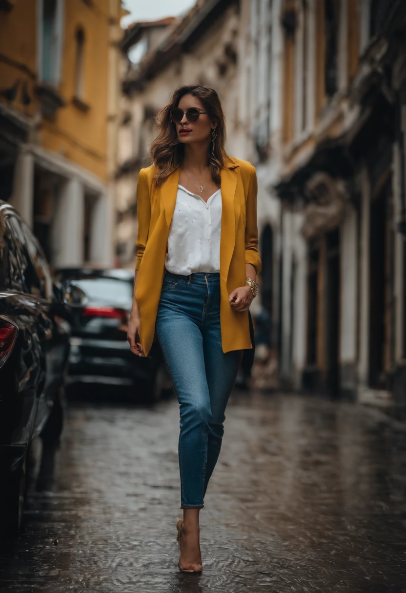 Sad motifs,(best qualtiy,tmasterpiece:1.2),36-year-old beautiful woman walking through the city,Splintered white shirt and skinny jeans,Shoot the Sony A7,3.5mm lens,f 1.8 Holes,lighting effects,No embellishments required,The original photos are realistic,The texture of the skin is very delicate,no make-up,The backlight is yellow.,Rainy days,