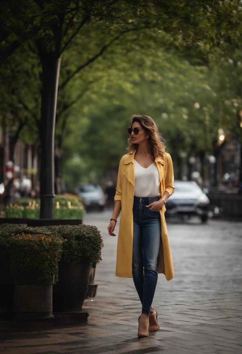 Sad motifs，（best qualtiy，tmasterpiece：1.2），36-year-old beautiful woman walking through the city，Splintered white shirt and skinny jeans，Shoot the Sony A7，3.5mm lens，f 1.8 Holes，lighting effects，No embellishments required，The original photos are realistic，The texture of the skin is very delicate，no make-up，The backlight is yellow.，Rainy days，