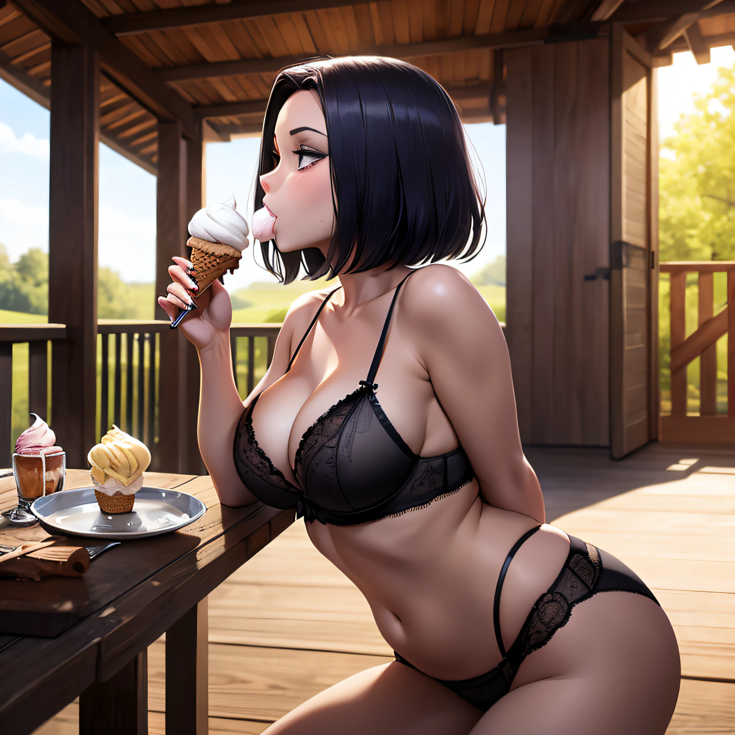 Raven, sexy, black lingerie, dark gray skin, eating ice cream, in bark, inside barn, in barnyard,