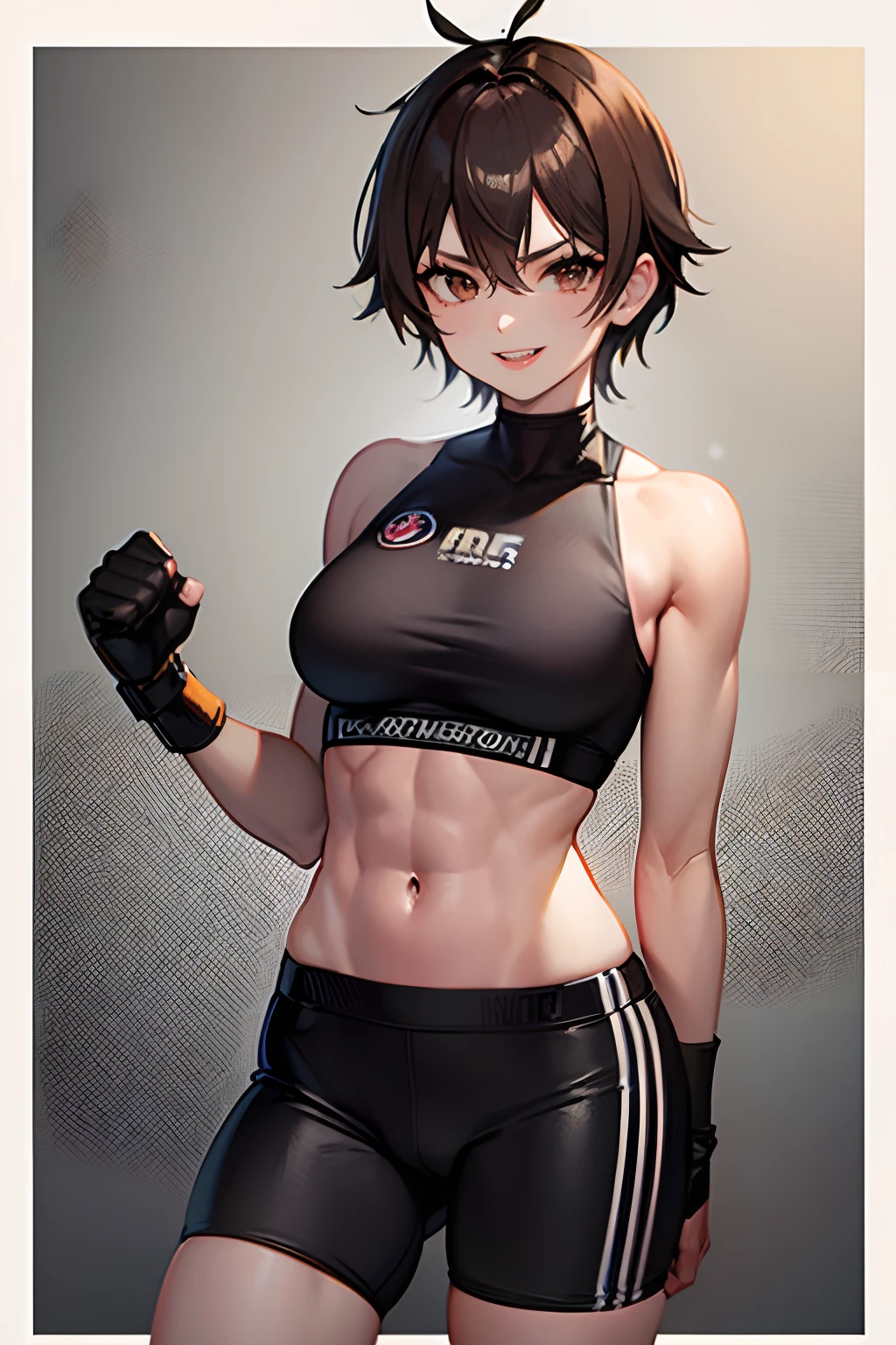 masterpiece, best quality, ultra-detailed, illustration, ultra-detailed face, best quality face,1girl,adult,30 years old,boxer,tomboy,bully,short hair,strong,muscular,abs,boxing gloves,shorts,sportsbra,tough expression,sporty build,tall,professional martial artist,amber brown eyes,mean smile,champion,brown hair,confident, strong,fighter,dominant.