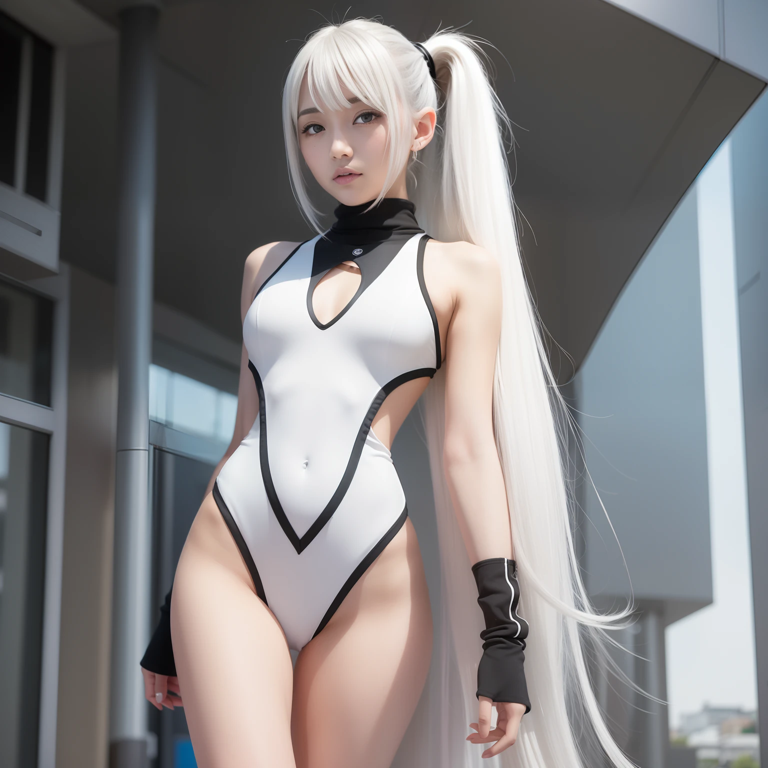 A world of only white, Black and gray(Futuristic cities),20 years girl,masutepiece , Best Quality,The best illustrations,Nahida(GenshinImpact) ,very slender body,tiny chest,Skinny Legs,Long hair ,Side Ponytail, Hair Ornament ,Street, White hair , White hair , hand behind head:1.5,multicolored hair, elf ,Skinny Legs,smil,Tsundere,